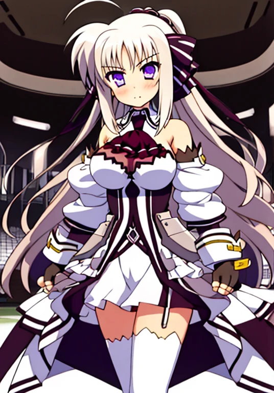 indoor, arena,
rinne_bj, 1girl, solo, young woman, yo, thighhighs, long hair, purple eyes, ascot, breasts, gloves, looking at viewer, white thighhighs, ahoge, fingerless gloves, detached sleeves, zettai ryouiki, bare shoulders, standing, very long hair, clenched hands, skirt, dress, black gloves, large_breasts, ribbon, black ascot, blush, hair ribbon, hair bow, ponytail, bow, bangs, puffy sleeves,