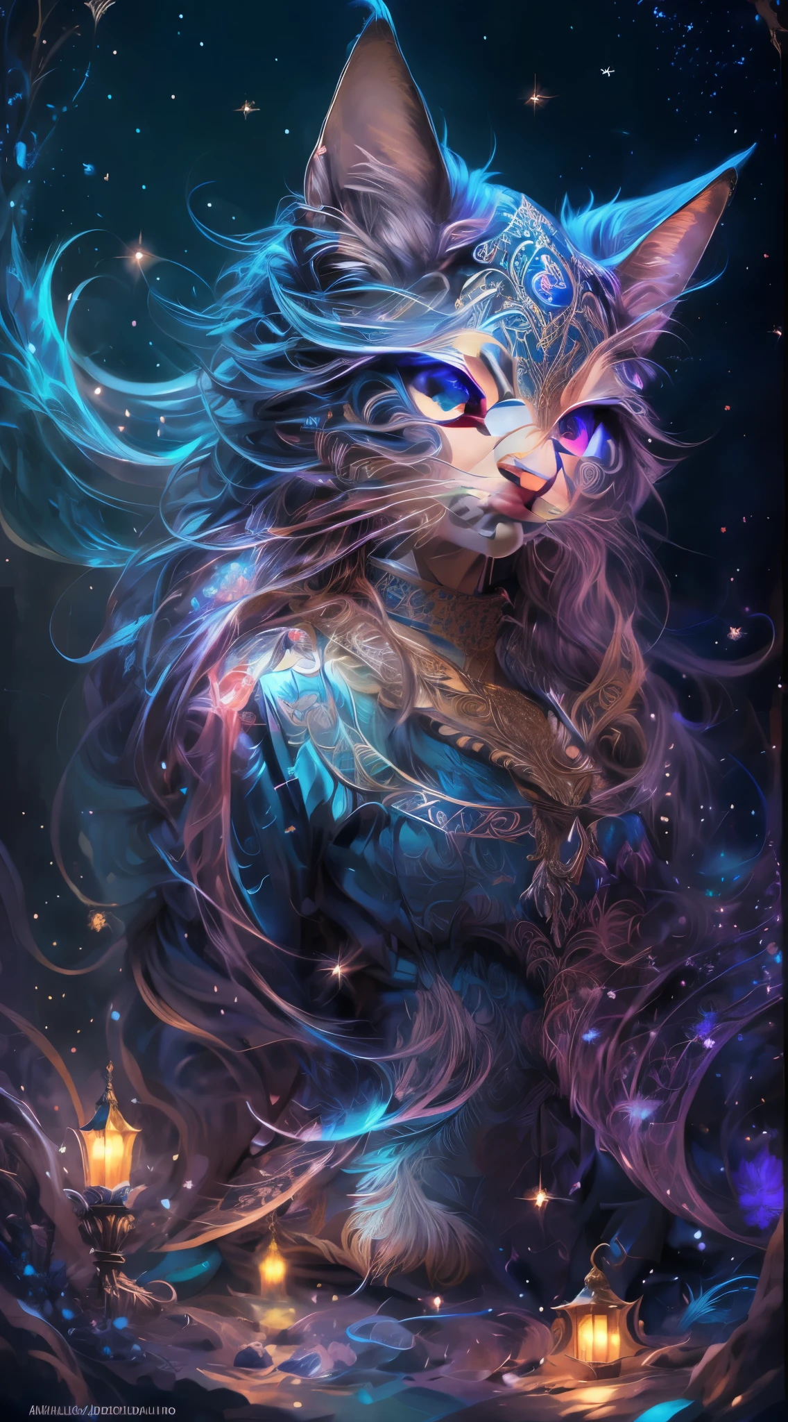 Hay un gato con un collar brillante y una cadena alrededor de su cuello, muy, muy hermoso arte peludo, Arte digital 4K altamente detallado, Detailed fantasy art, detailed fantasy digital art, Lindo arte digital detallado, Hermosa obra de arte digital, Arte digital muy bonito, furry fantasy art, Magnificent digital art, beautiful fantasy art, Arte digital detallado 4K, Hermoso arte digital, con su pose , su ropaje y su mirada esta indicando quien manda en ese territorio