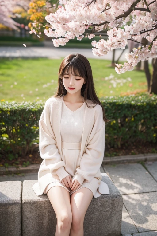 Cherry blossoms_flowering, Fall_petal, alone,1 girl,whole body, looking at the audience,