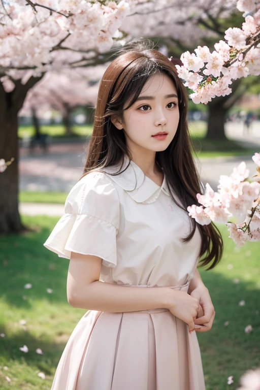 Beautiful korean girl in fields wearing light pink sexy skirt, sitting in fields, morning sunrise, high-quality pleasent face realistic, closeup