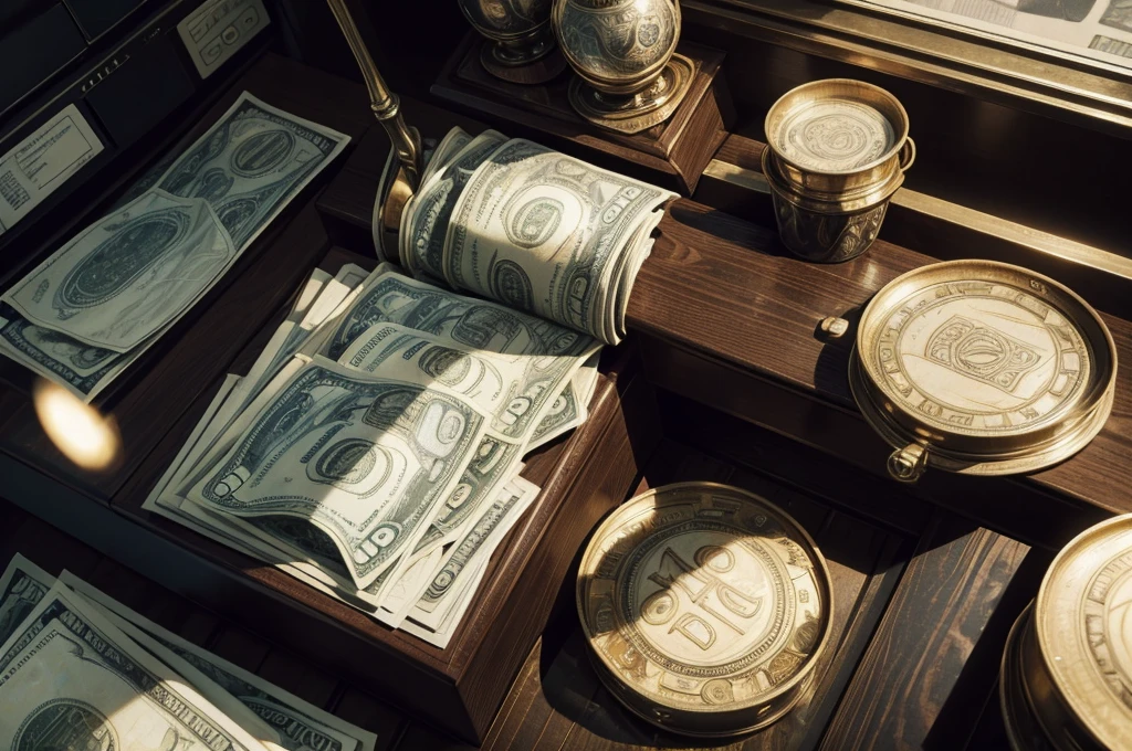 A mesmerizing scene of money swirling around the planet, captured in exquisite detail in this 8K resolution tmasterpiece. The dynamic angles showcase the intricately textured banknotes as they spin and twirl, creating a sense of chaos and excitement. The use of cinematic lighting adds depth and dimension to the image, while the realistic visuals showcase every crease and wrinkle on the currency. Observe as the pile of money grows higher, with bills of various colors and denominations blending together in a visually stunning display. This illustration, a true masterpiece, will leave you in awe of the world's monetary systems.