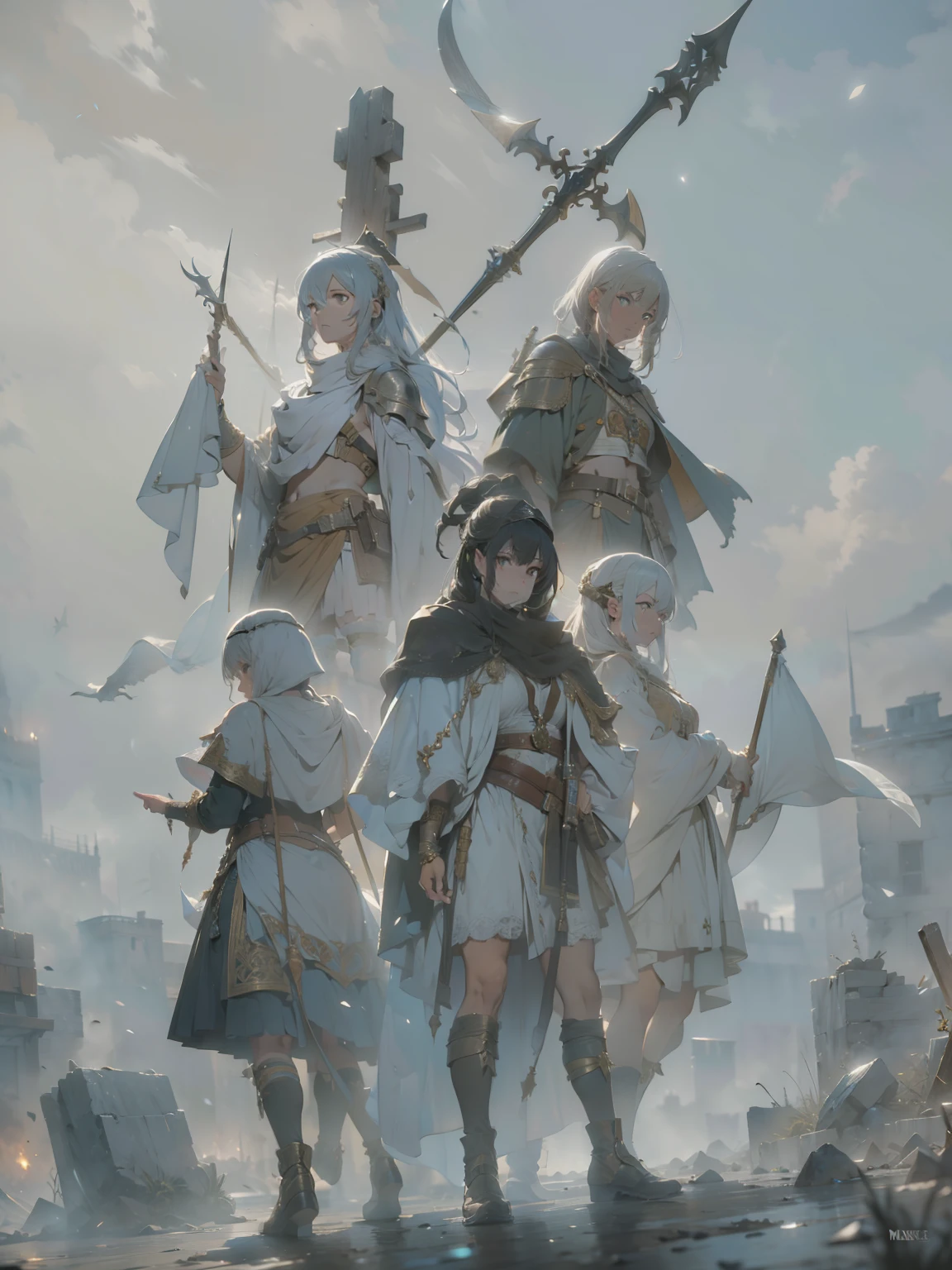 A team of mercenaries with highly detailed and ornate clothing in a medieval fantasy theme, masterpiece, 4k, UHD, sharp focus, cinematic illumination, midnight aura, best quality