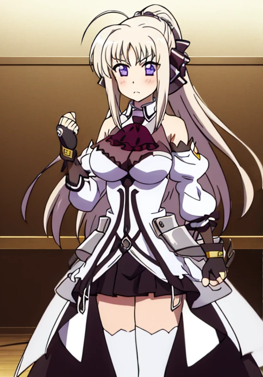 indoor, arena,
rinne_bj, 1girl, solo, young woman, yo, glamorous, thighhighs, long hair, purple eyes, ascot, breasts, gloves, looking at viewer, white thighhighs, ahoge, fingerless gloves, detached sleeves, zettai ryouiki, bare shoulders, standing, very long hair, clenched hands, skirt, dress, black gloves, large_breasts, ribbon, black ascot, blush, hair ribbon, hair bow, ponytail, bow, bangs, puffy sleeves,