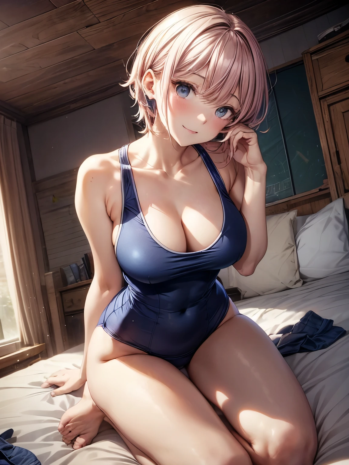 highest quality、complete limbs、pink hair、very short hair、beautiful big breasted woman:1.5、(A woman wearing a navy blue one-piece school swimsuit:1.5)、bare hands、barefoot、sexy pose、big smile、Kneeling on the bed、I have my side hair over my ears