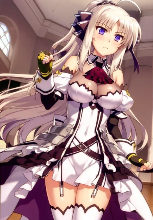 indoor, arena,
rinne_bj, 1girl, solo, young woman, **yo, glamorous, thighhighs, long hair, purple eyes, ascot, breasts, gloves, looking at viewer, white thighhighs, ahoge, fingerless gloves, detached sleeves, zettai ryouiki, bare shoulders, standing, very long hair, clenched hands, skirt, dress, black gloves, large_breasts, ribbon, black ascot, blush, hair ribbon, hair bow, ponytail, bow, bangs, puffy sleeves,