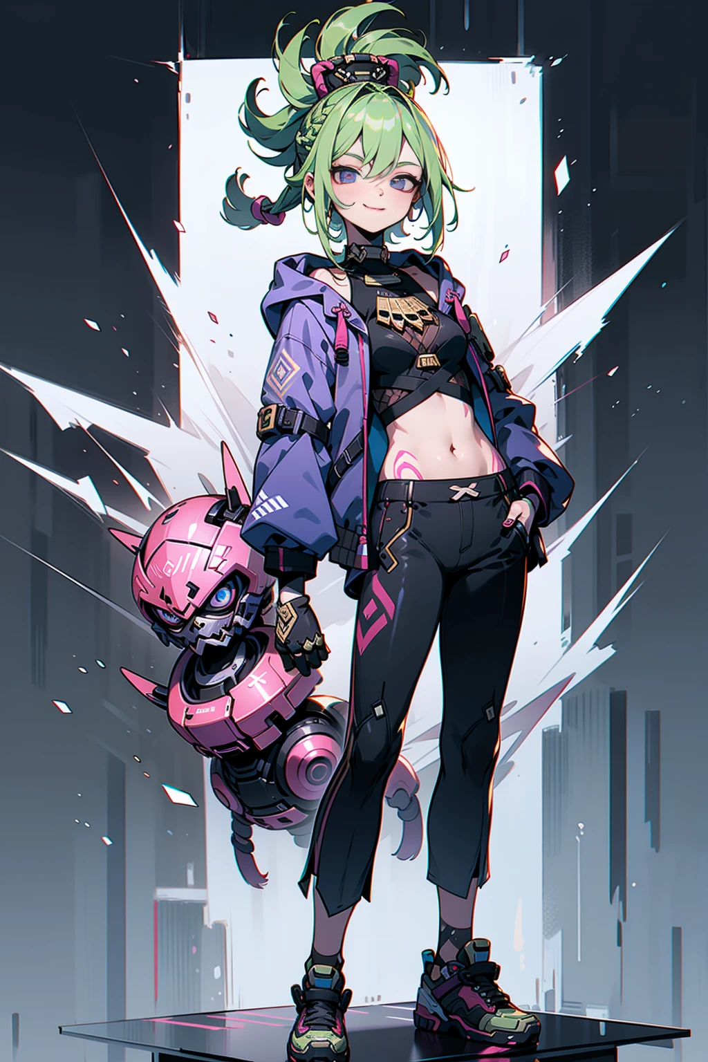 doom \(league of legend\), 1girl huge,pixar-style, Smilingly，Alone, woven, Double up braid, (blue long hair), Surprised eyes,tattoo is, (opens his eyes wide:0.9),See the audience, arm tattoos, medium, lookingat_Shown in_peeking at the viewer, short_the hair, mitts, navel, fail, blue_There are eyes, everlasting, full_body, arma, footwear, collars, Black_mitts, septum, hooded, the hair_exceed_Yoon_There are eyes, _top, hoody, Black_trouser, athletic sneakers, Failed to crop_jaket, Ed_Shown in_pocket, cyber punk personage, cropped_hoody