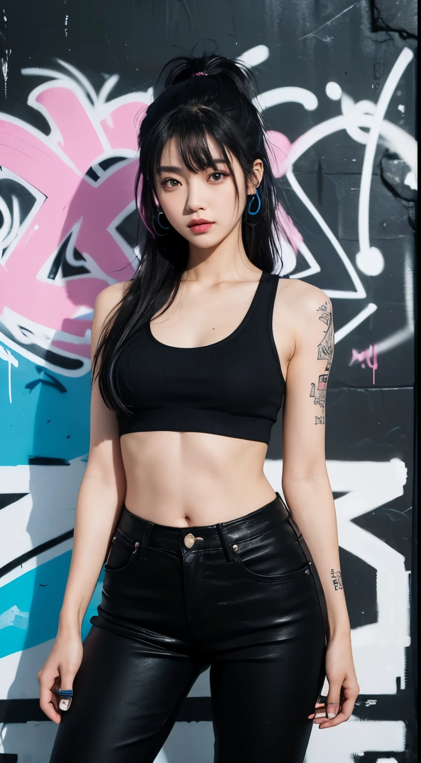 naked body, leaning against the wall, Hands covering legs, Beautiful tattoos,Big breasts