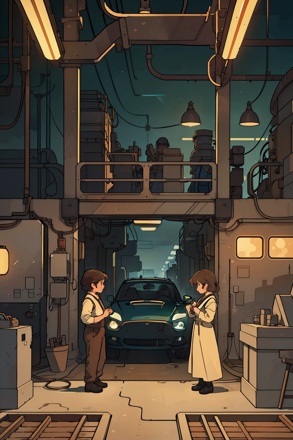 Four artists, deeply engrossed in their work at an automobile factory, focusing intently with concentrated expressions. The second shift's warm and inviting glow illuminates the room, casting long shadows that dance on the walls. Realistic details of the assembly line, metal textures, and gleaming machinery create a sense of industry and creativity. Brushstrokes are bold and deliberate, reflecting the artists' attention to detail and dedication to their craft. subtle reflections of the factory lights add depth and dimension to the scene, with a harmonious color palette that perfectly captures the unique atmosphere of an automobile factory after hours.