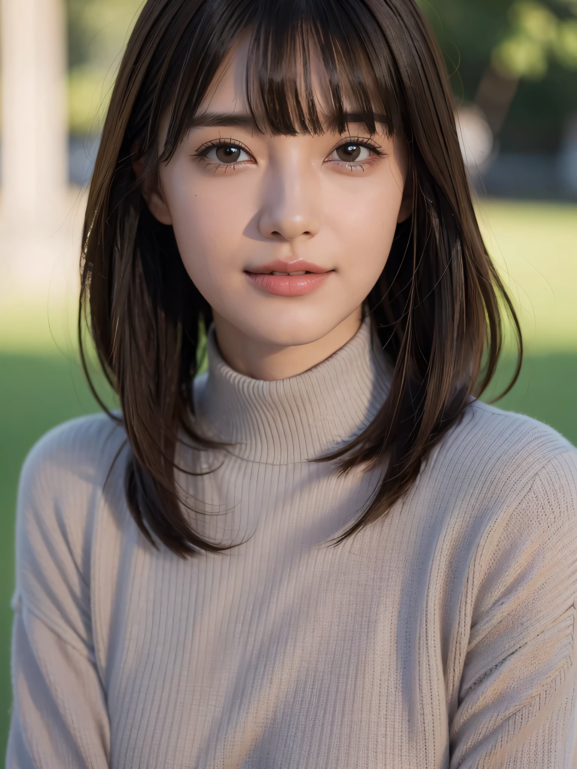 1 girl, cute, girly, cute, gentle features、glossy lips、double eyelids in both eyes、natural makeup, smile, (eye highlights:1.2), long eyelashes are bright, short hair, Smooth light brown hair、hair swaying in the wind, (bangs:1.3)、center image、8K、high detail、detailed hairstyle、detailed face、great movie lighting、octane rendering、vibrant、surreal、perfect limbs、perfect anatomy, beautiful proportions, Knitted turtleneck sweater, Jacket,