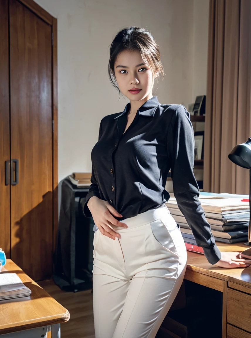 (8k, RAW photos, top quality, masterpiece: 1.2,(Best quality, 8k, 32k, Masterpiece, UHD:1.2), 1girl, narrow waist, white suit, black shirt, suit, pants, from front, sitting on desk, office room, (stick out one's buttocks:1.2),