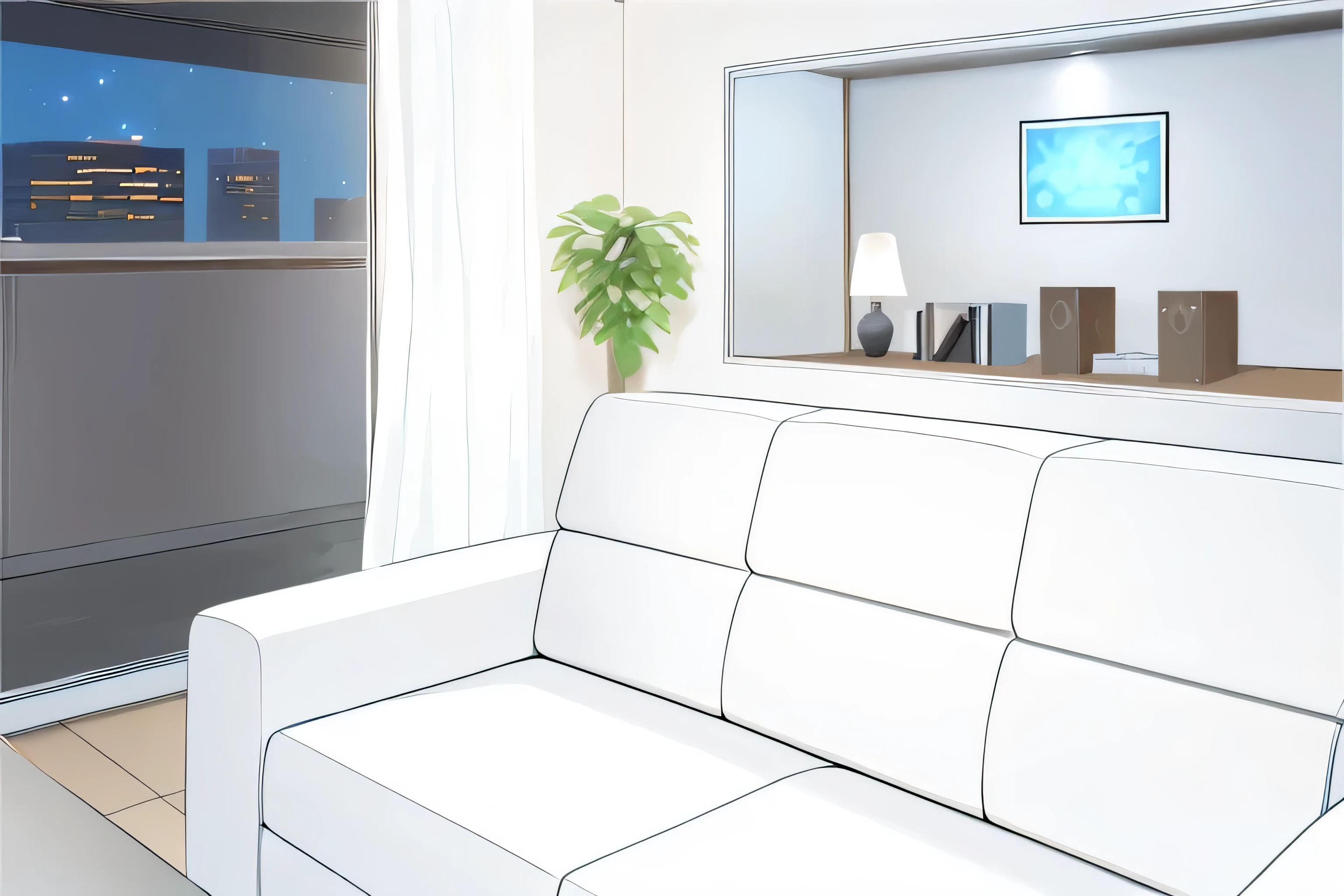 明るいindoor、Pure white walls、speakers、CD component、Book、model room、indoor、bright room、At night、Veranda At night