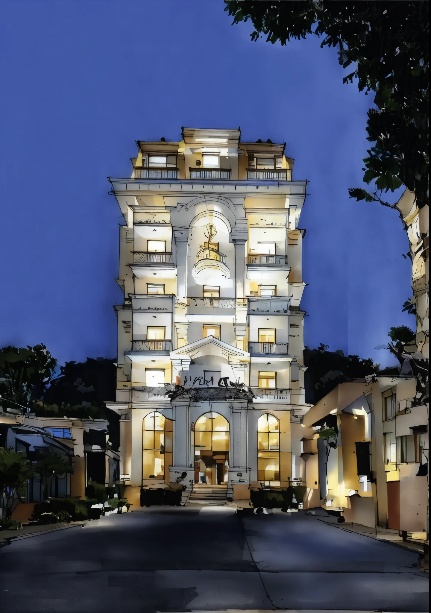 A hotel with classical style with a hill behind, morning, daytime, sunnyday, bright blue sky