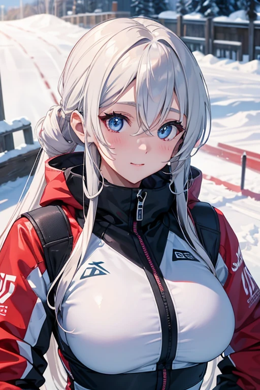 (RAW photo, best quality, masterpiece:1.2), (realistic, photo-realistic:1.4),(masterpiece:1.4),(best quality:1.4),1girl, solo, :d, animal ear headphones, animal ears, arms up, bangs, blush, bodysuit, breasts, bunny pose, clothes writing, covered navel, cowboy shot, cropped jacket, fake animal ears, gloves, outdoor,morning,snow, hair intakes, headphones, impossible bodysuit, impossible clothes, jacket, large breasts, latex, latex bodysuit, long hair, long sleeves, looking at viewer, large breasts, multicolored gloves, open mouth, pink bodysuit, pink eyes, red eyes, red jacket, shiny clothes, shrug \(clothing\), sidelocks, skin tight, smile, thigh gap, thighs, twintails, very long hair, white gloves, white hair,alice \(nikke\),(shiny skin),realistic,