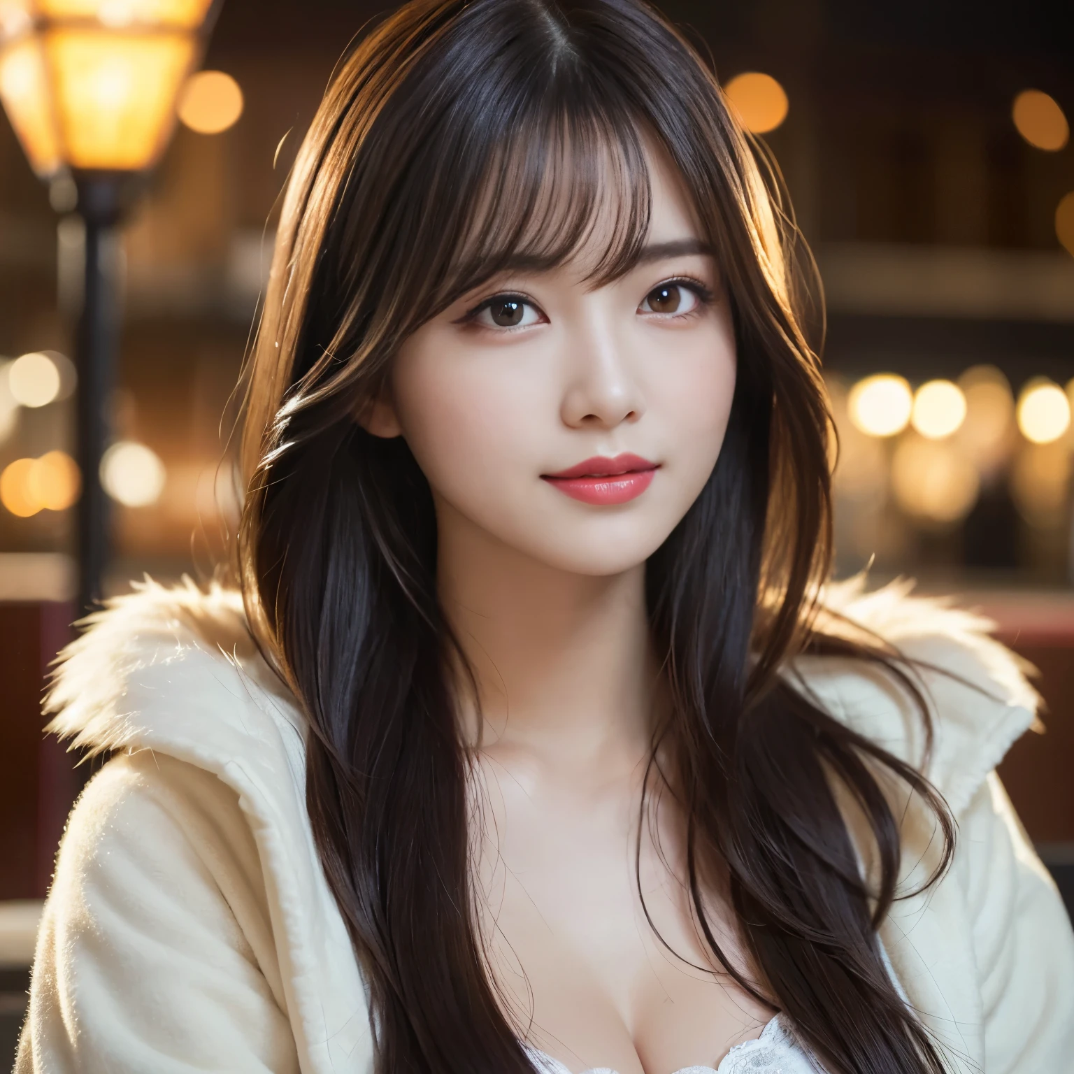 table top, highest quality, shape, Super detailed, finely, High resolution, 8k wallpaper, 完璧なダイナミックな構shape, beautiful and detailed eyes, (Luxury thick fur ladies coat)、(Red Light District at Night、Moody and romantic lighting)、wavy hair、perfect makeup、lipstick、the most beautiful eyeshadow、long eyelashes、bold sexy pose、A bewitching smile looking at me、very big breasts、20 year old girl、cute、sexy shot looking at camera、(upper body photo:1.1)、(accurate anatomy:1.1)、(blurred background、girl portrait photo)