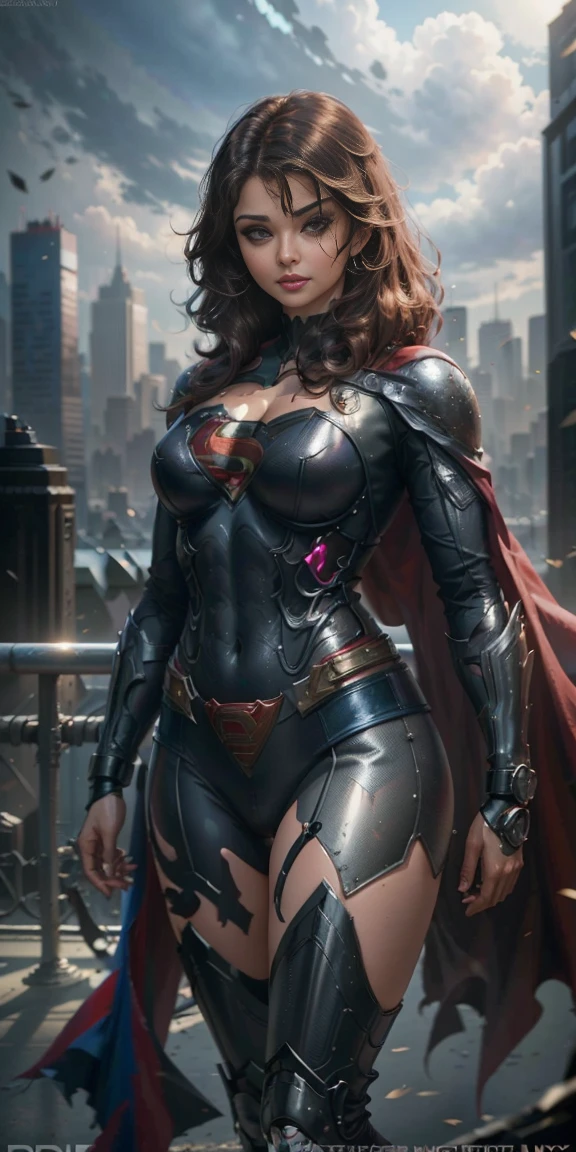 girl dressed as superman from DC, frontal, Aishwarya Rai, full-length, looking at the camera, facing the audience, standing pose, Gotham citybackground, three-dimensional light, detailed full-body concept, sleek digital concept art, beautiful full-body concept art, art trend, full-length CGsociety,