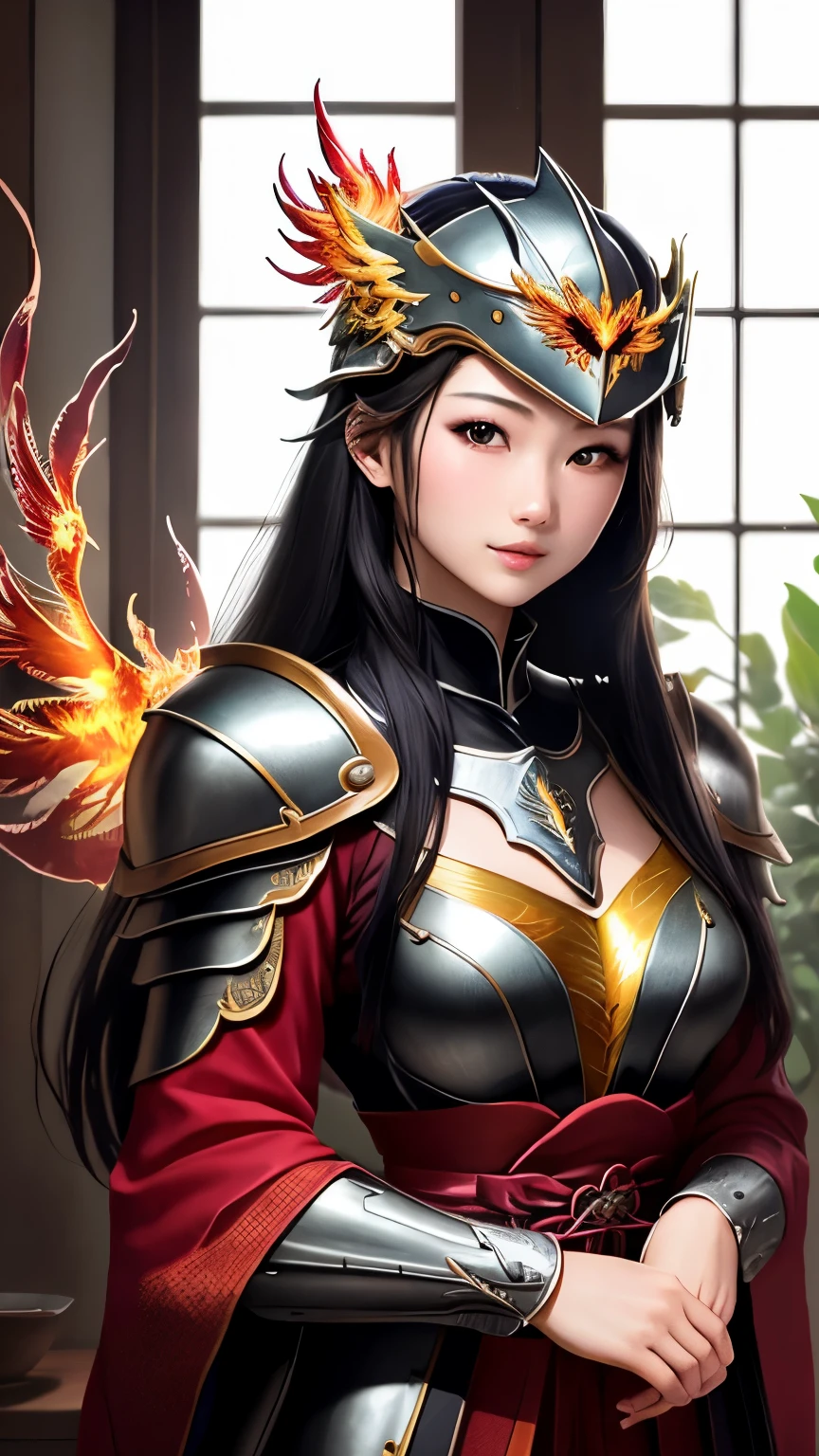 最high quality、high quality、best image quality、8K、最High resolution、High resolution、最high quality、masterpiece、RAW photo、whole photo、realistic atmosphere、(detailed face)、(fine hands、thumb1reference4)、(beauty of japan )、very nice face、beautiful face、((beautiful japanese girl))、(japanese woman), ((18 year old beautiful girl))、(glossy black hair)、(long straight hair)、(ponytail)、slim style、shiny skin、fair skin、beautiful skin、whole body、(Depiction from head to toes)、realistic human skin、realistic human body structure、perfect body, perfect face, perfect hands, perfect fingers, perfect lips, perfect eyes,perfect teeth、perfect background round, soft natural light、Interior of a medieval European-style Western-style building、Interior decorated with artwork from the 1690s、 Interior of a 1600s mansion、Classic Bedroom、complex room、Classic interior、(Glass with very high transparency)、(transparent tempered glass)、(Glass that allows light to pass through)、((Made of transparent glass(Phoenix Armor))、((Made of transparent glass(phoenix helm))