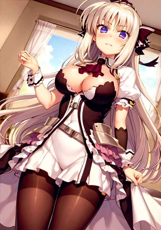indoor, bedroom, rinne_bj, 1girl, solo, young woman, , glamorous, thighhighs, long hair, purple eyes, ahoge, very long hair, dark bodystocking, dark pantyhose, large_breasts, embressed, blush, straight hair, bangs, puffy sleeves,