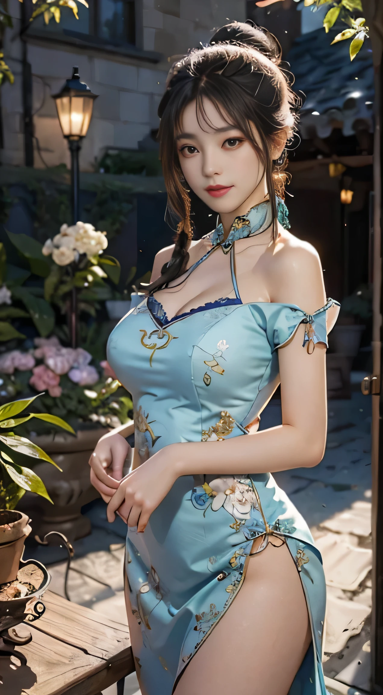 (From the outside) , many color,Best quality at best,8K,real photograph,Delicate skin details,tmasterpiece,photograph of-realistic,Complicated details,RAW photogr,on the garden,ssmile,florals,Gorgeous cheongsam,Extra-long hair,cropped shoulders,delicated face,Expose cleavage,decorations,Perfect Finger,Dissection is correct,(Huge room,0.8),big cuvy hips,shiny skins,under moonlight