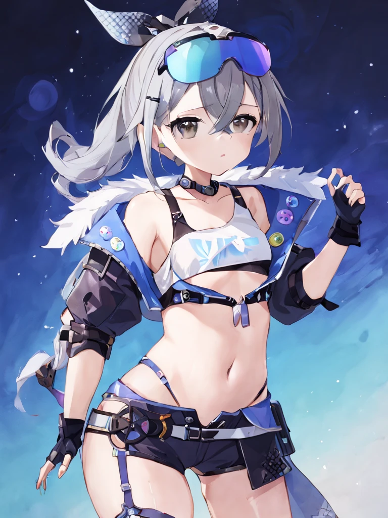 Yinglang girl,gray eyes,goggles,navel,Special clothing,masterpiece, best quality,