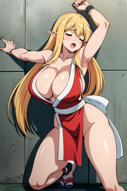 masterpiece, high resolution, best quality, beautiful art, 1 woman, solo, Tiffania Westwood, elf ears, mature woman, big breasted, cleavage, cosplaying as Mai Shiranui, sexy Japanese clothes, pelvic curtain, full body, sexy legs and thighs, ryona, in peril, she is being beaten up, reacting to pain, damaged, hurt, being slammed against the wall, screaming in agony, closed eyes, bouncing breasts, perilous scene, beach environment 