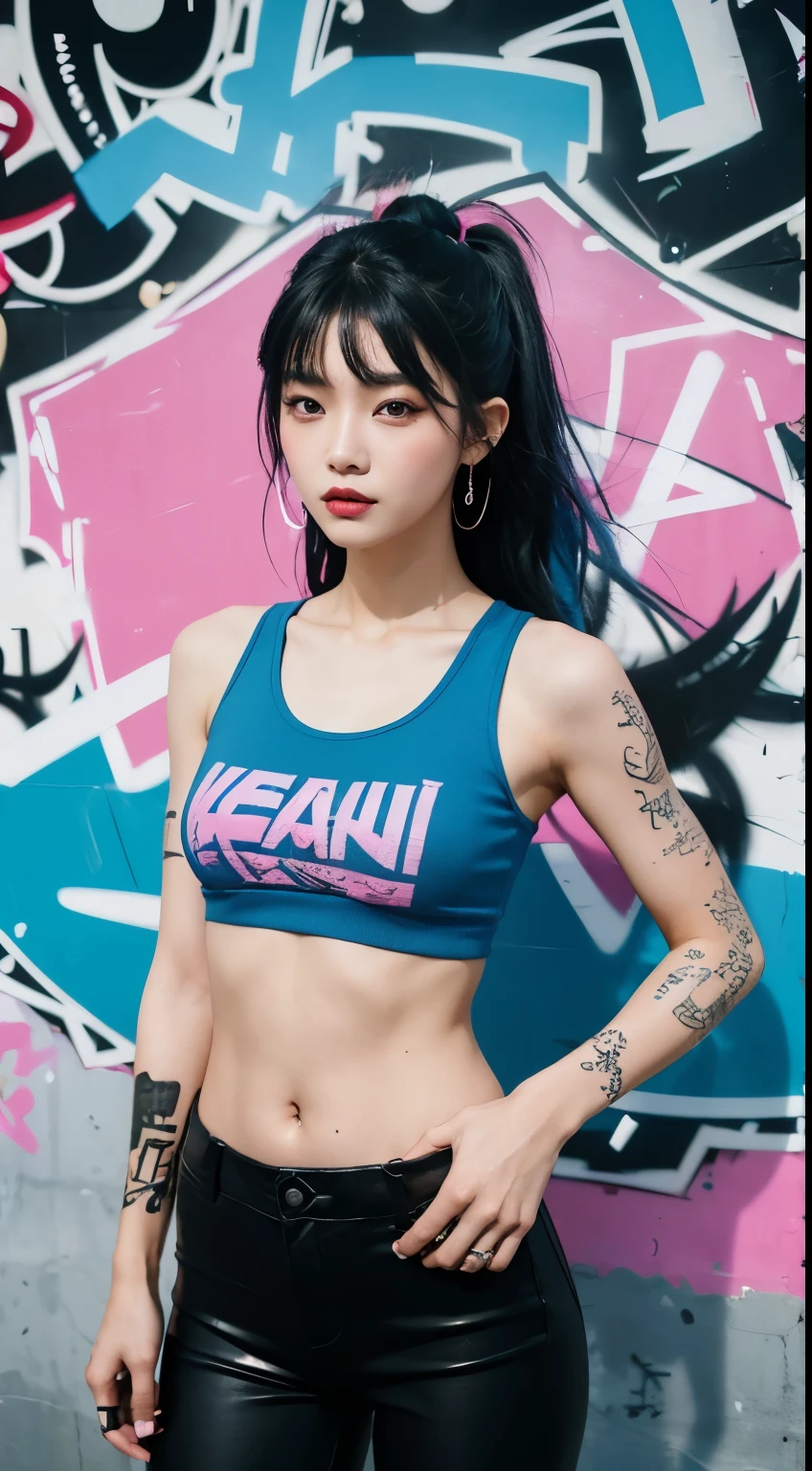 best quality, Clarity, 4k, 8k, detail, actual, Beautiful Girl, Korean makeup, black lips, pink and blue medium mullet hair, Perfect body, full tattoo on body, stand, pose standing, medium chest, tank top, black legging Pants, Solid graffiti wall background, Graffiti art,