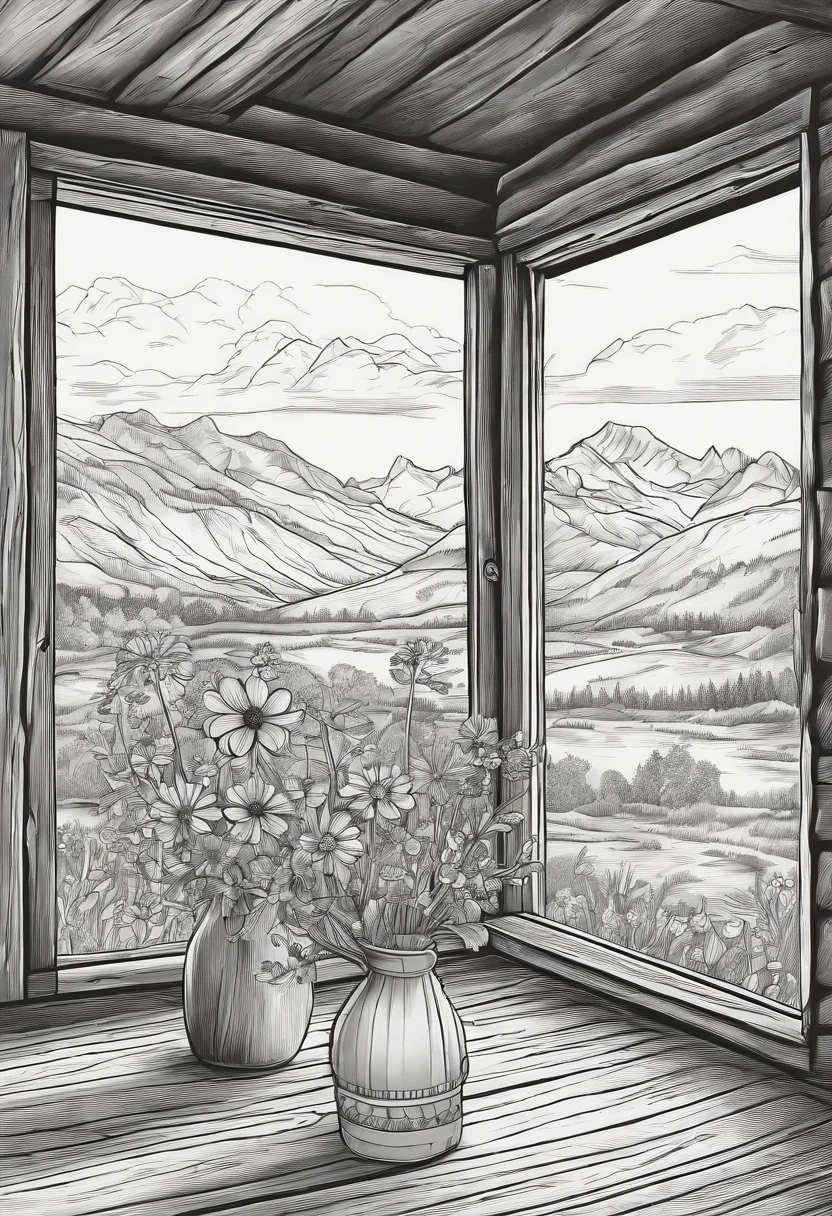 Coloring book line drawing , vase of wildflowers,sitting in rustic cabin infront of window,view of mountains,no color