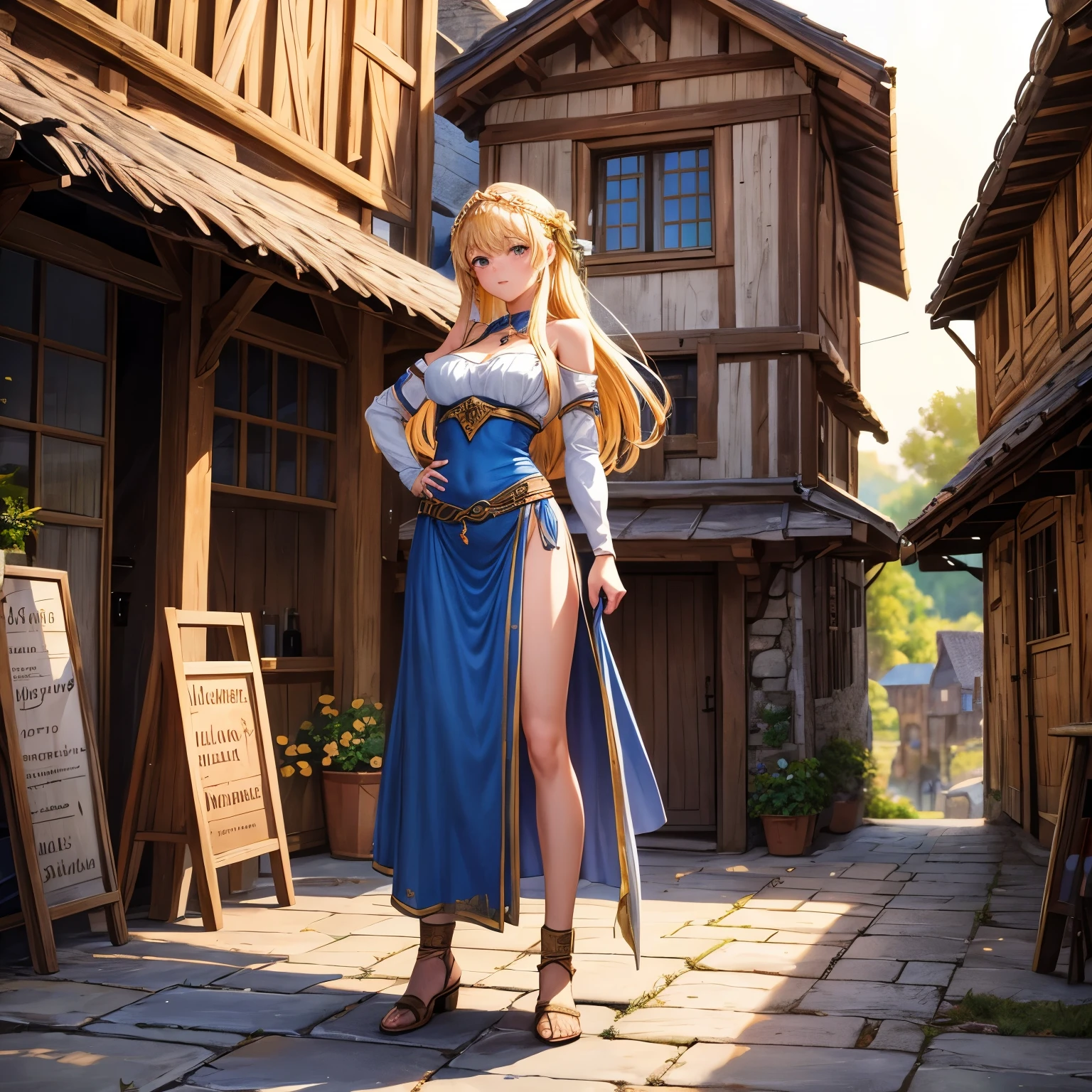 Fantasy RPG long legged female character art of a barmaid in a small medieval town. Depict full body shot of a young human woman with blonde hair, wearing natural, medieval peasant clothing with her neck and shoulders covered in an authentic fantasy style. her long legs are visible. Nice big clevage. The character should exude a rustic charm befitting a village tavern, with details in the background hinting at the everyday life of a medieval village.
