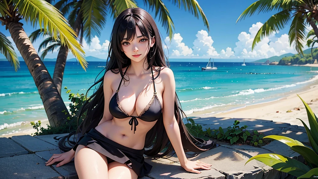 (masterpiece、highest quality、ultra high resolution)、(4K digital art )、 wall paper、(( detailed digital anime art))、(anime style)、Cinema Angle、Gravure idol、(((Three Beautiful Girls)))、cute face、 ((Detailed depiction of a beautiful face))、gentle smile、young、bikini swimwear、normal size breasts、Photorealistic body、(Bold ethnic patterns wrapped around the waist and skirt and plenty of primary colors)、light particles、light、tropical、Against the background of palm trees、on a sunny beach、With the sea in the background、blur background、