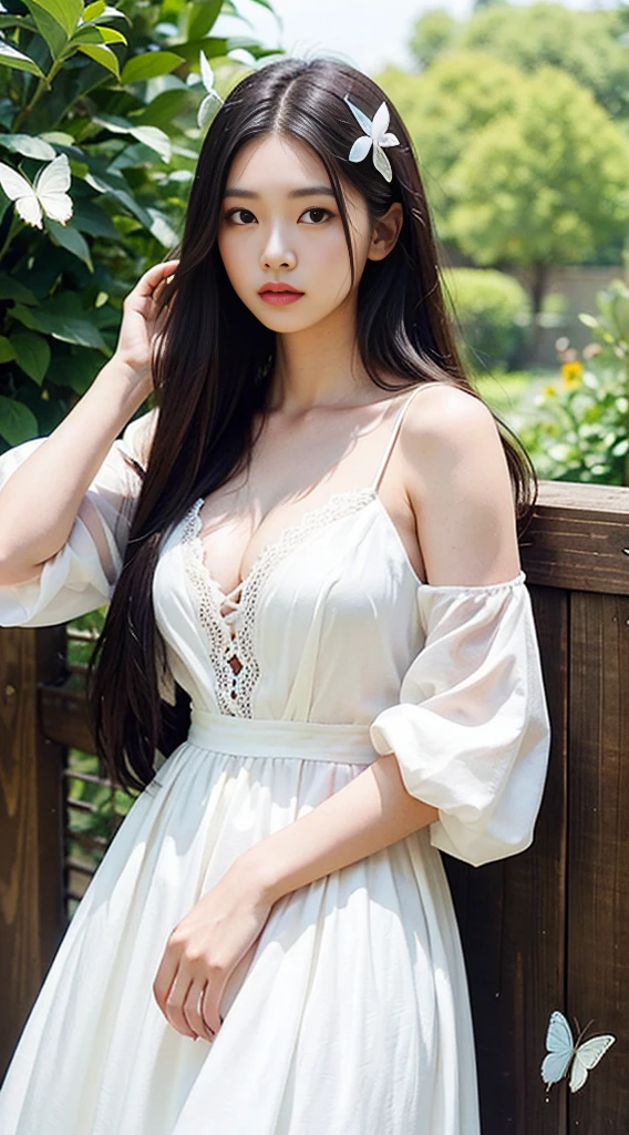 Please create an image of a young woman with soft and delicate features. She should have long, shiny hair, radiant skin, and a serene expression. The surrounding scenery should be soft and peaceful, highlighting her natural beauty. The clothing should be simple and elegant, complementing her charming appearance