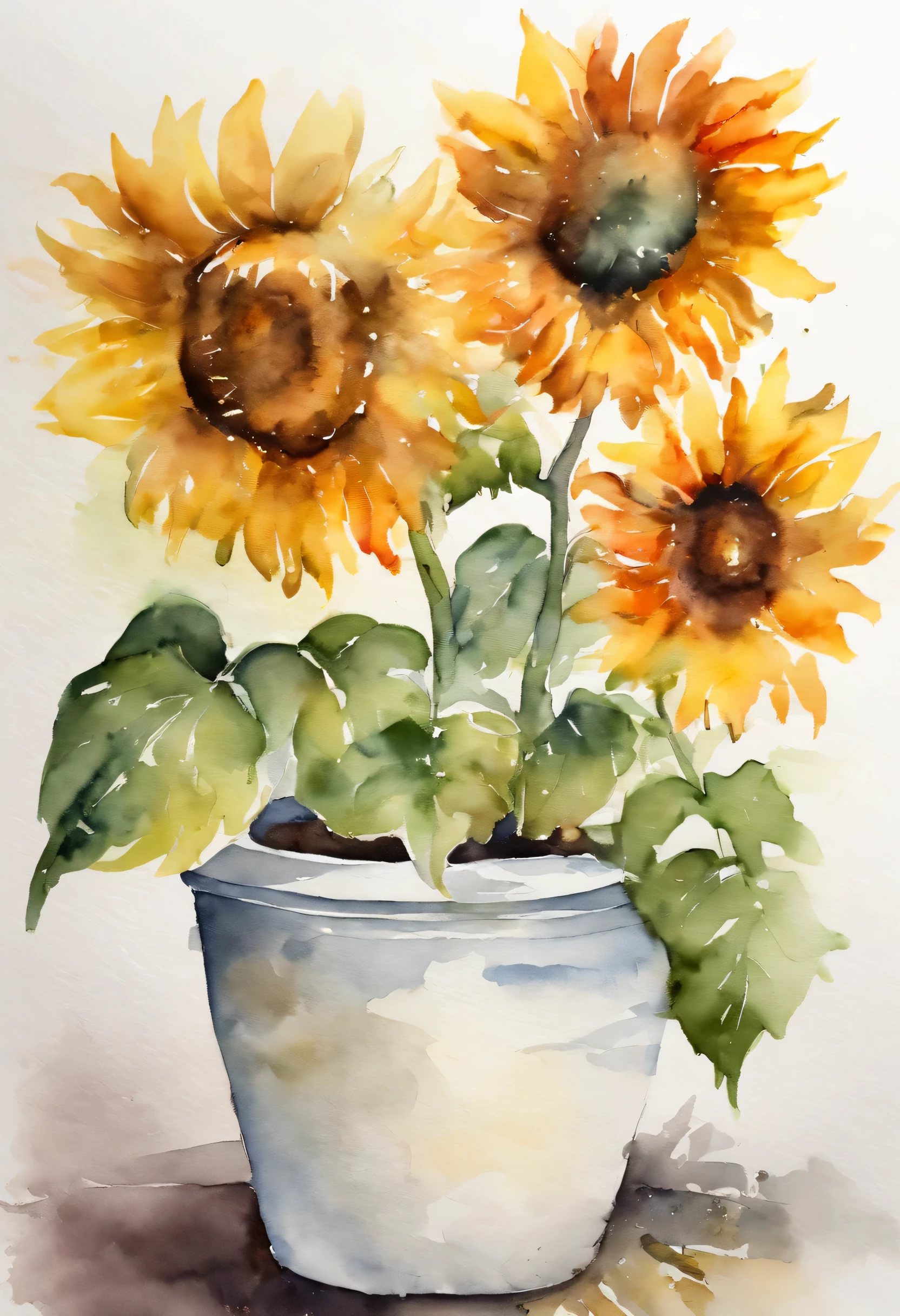 White background,There are three sunflowers in a transparent flowerpot.,Simple and clear