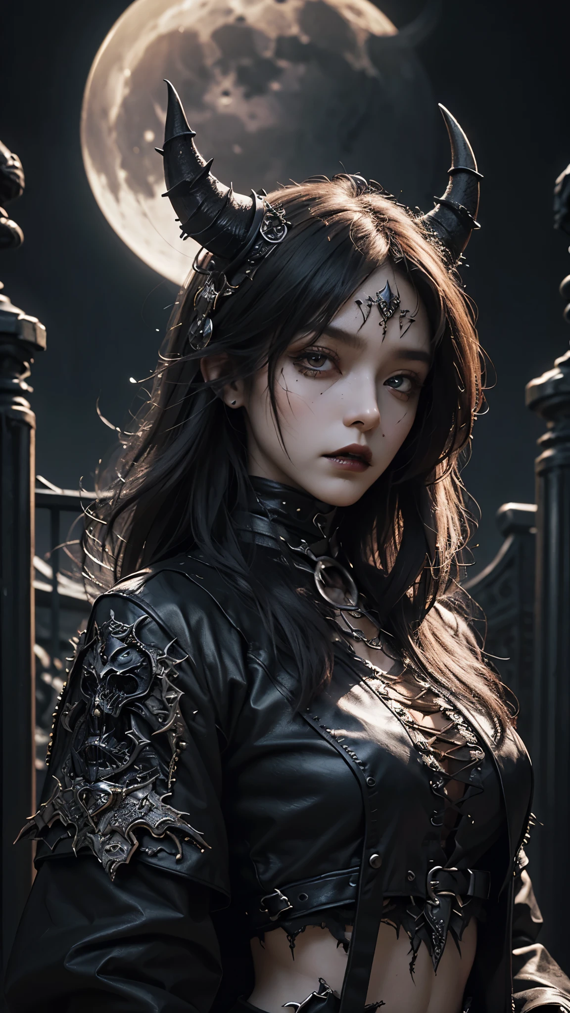 8K, ultra HD, very detailed, masterpiece, 1 girl, good face, dark eyes, dark lips, medium beasts, (detailed metal outfit:1.5), (black devil outfit), (bare waist:1), darkness, moon background, scary scenery,