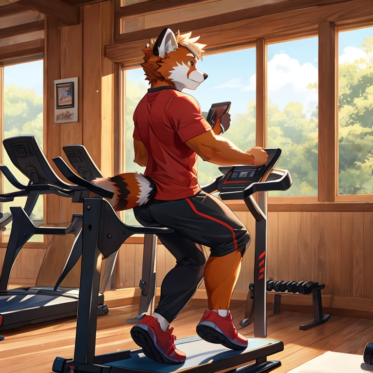 Red panda，Exercising，Open area，fuzzy，Detailed character details