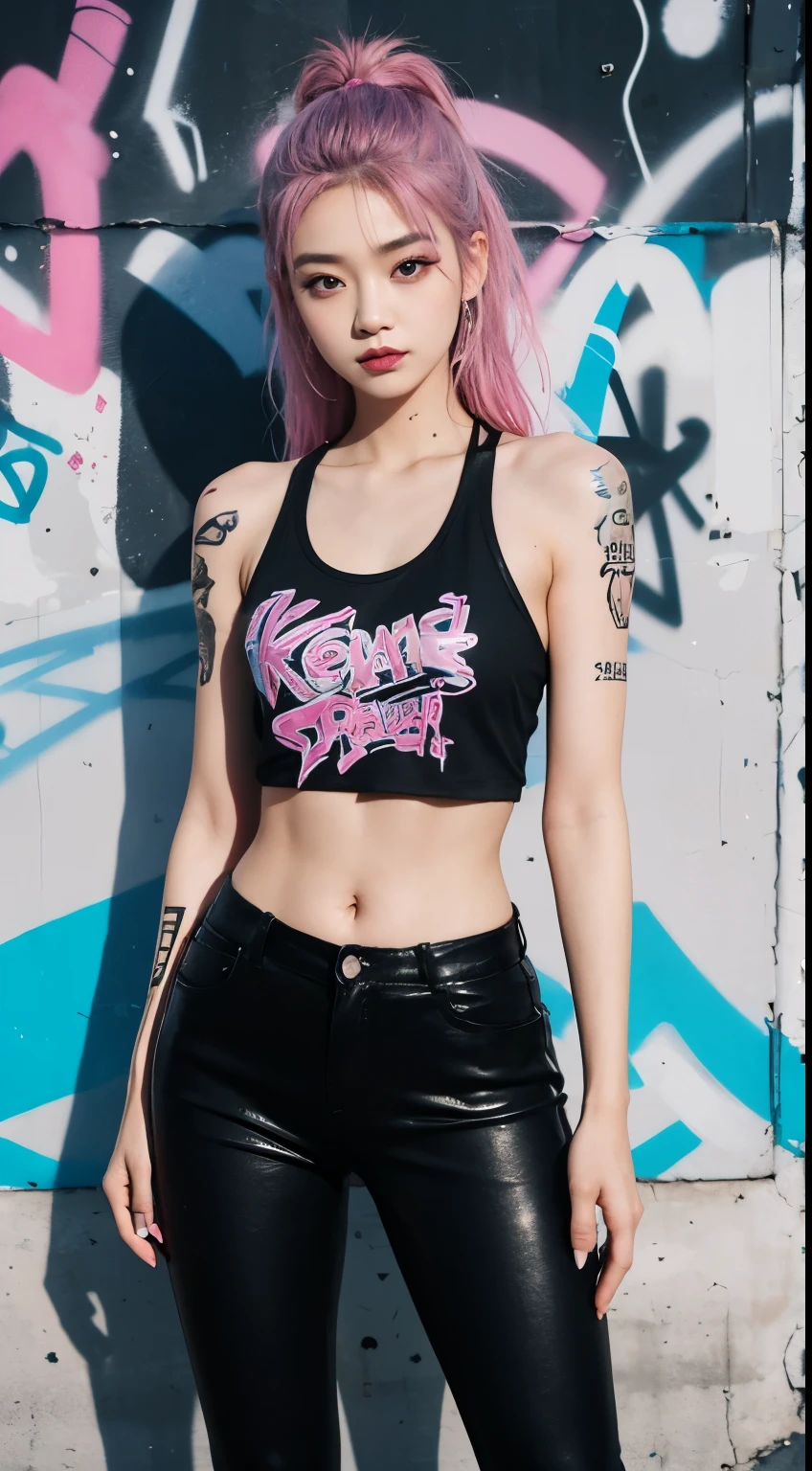 best quality, Clarity, 4k, 8k, detail, actual, Beautiful Girl, Korean makeup, black lips, pink and blue medium mullet hair, Perfect body, full tattoo on body, stand, pose standing, medium chest, tank top, black legging Pants, Solid graffiti wall background, Graffiti art,
