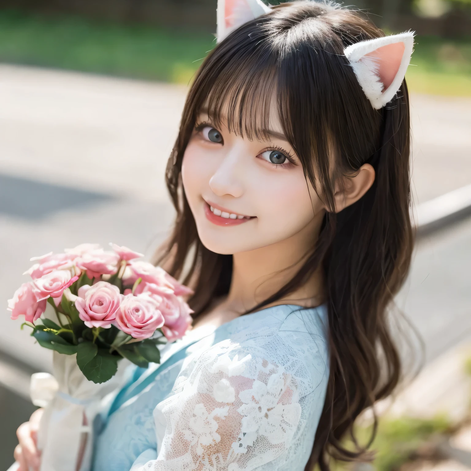 on the table, best quality, illustration, Super detailed, fine details, high resolution, 8k wallpaper, Perfect dynamic composition, Beautiful and delicate eyes,whole body摄影,show your whole body、thin and transparent、long gray hair, Bold sexy pose,Smile,Harajuku、20 year old girl、Eyeliner、beautiful bangs、hair between eyes、((masterpiece、top quality、Super detailed、movie light、intricate details、high resolution、Very detailed))、background for this、8 kood、digital SLR、soft light、high quality、film grain、富士XT3 、shallow view deep、natural soft light、Kamimei、See the knees, Look at the sexy shots of the lens、Above the legs、whole body、Holding a bouquet of flowers、side view、cat ear clothing、cat ear clothing、cat ear clothing