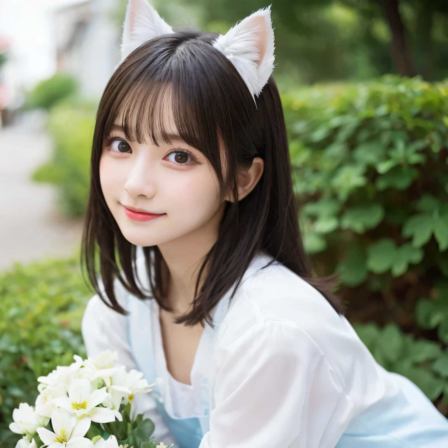 on the table, best quality, illustration, Super detailed, fine details, high resolution, 8k wallpaper, Perfect dynamic composition, Beautiful and delicate eyes,whole body摄影,show your whole body、thin and transparent、long gray hair, Bold sexy pose,Smile,Harajuku、20 year old girl、Eyeliner、beautiful bangs、hair between eyes、((masterpiece、top quality、Super detailed、movie light、intricate details、high resolution、Very detailed))、background for this、8 kood、digital SLR、soft light、high quality、film grain、富士XT3 、shallow view deep、natural soft light、Kamimei、See the knees, Look at the sexy shots of the lens、Above the legs、whole body、Holding a bouquet of flowers、side view、cat ear clothing、cat ear clothing、cat ear clothing