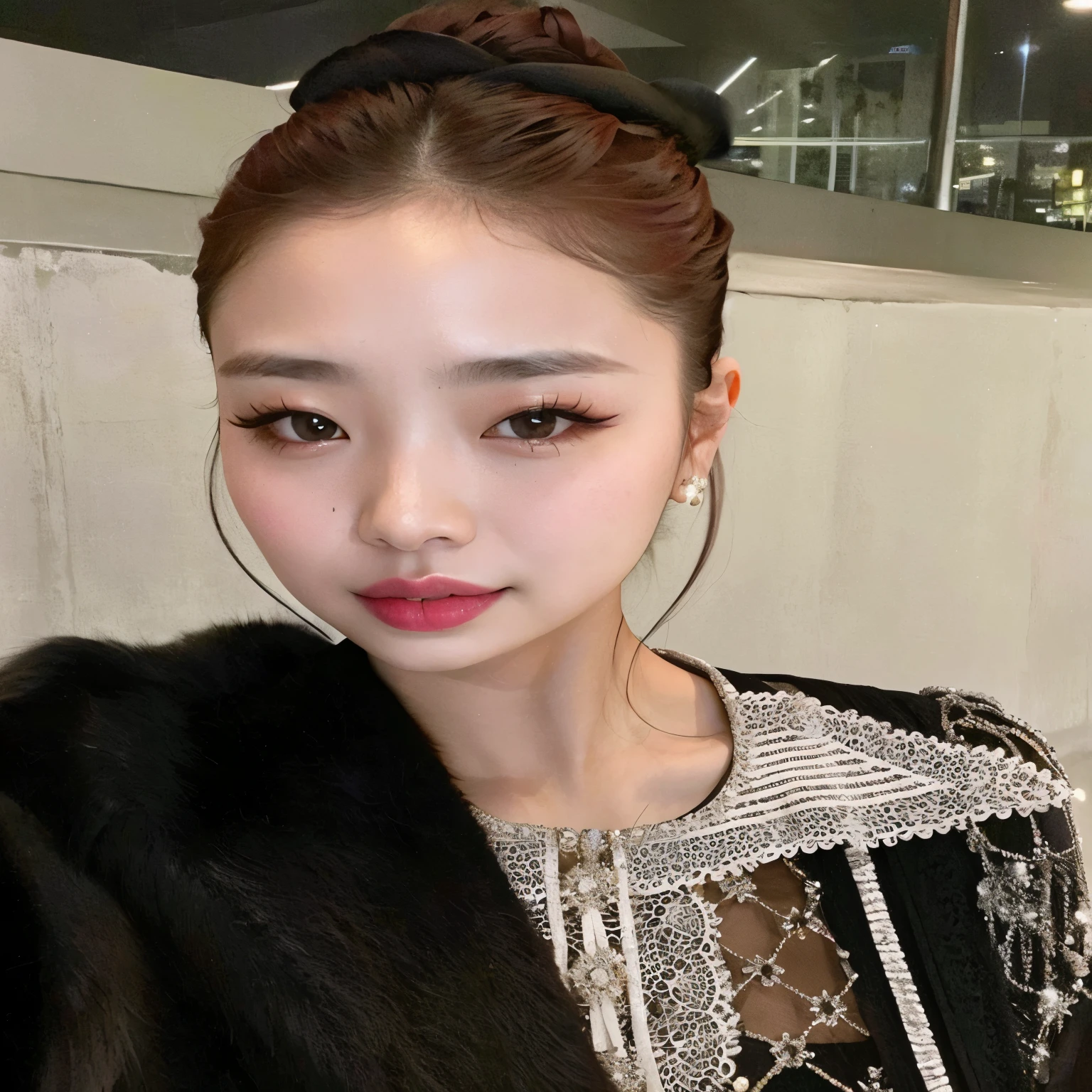 Mujer araffada con un abrigo de piel negro y un vestido negro., korean symmetrical face, heonhwa choe, dilraba dilmurat, maquillaje popular de corea del sur, maquillaje coreano popular, hermosa mujer surcoreana, Jinyoung Shin, ulzzang, hermosa joven coreana, hermosa joven coreana, jaeyeon nam, lee ji-eun