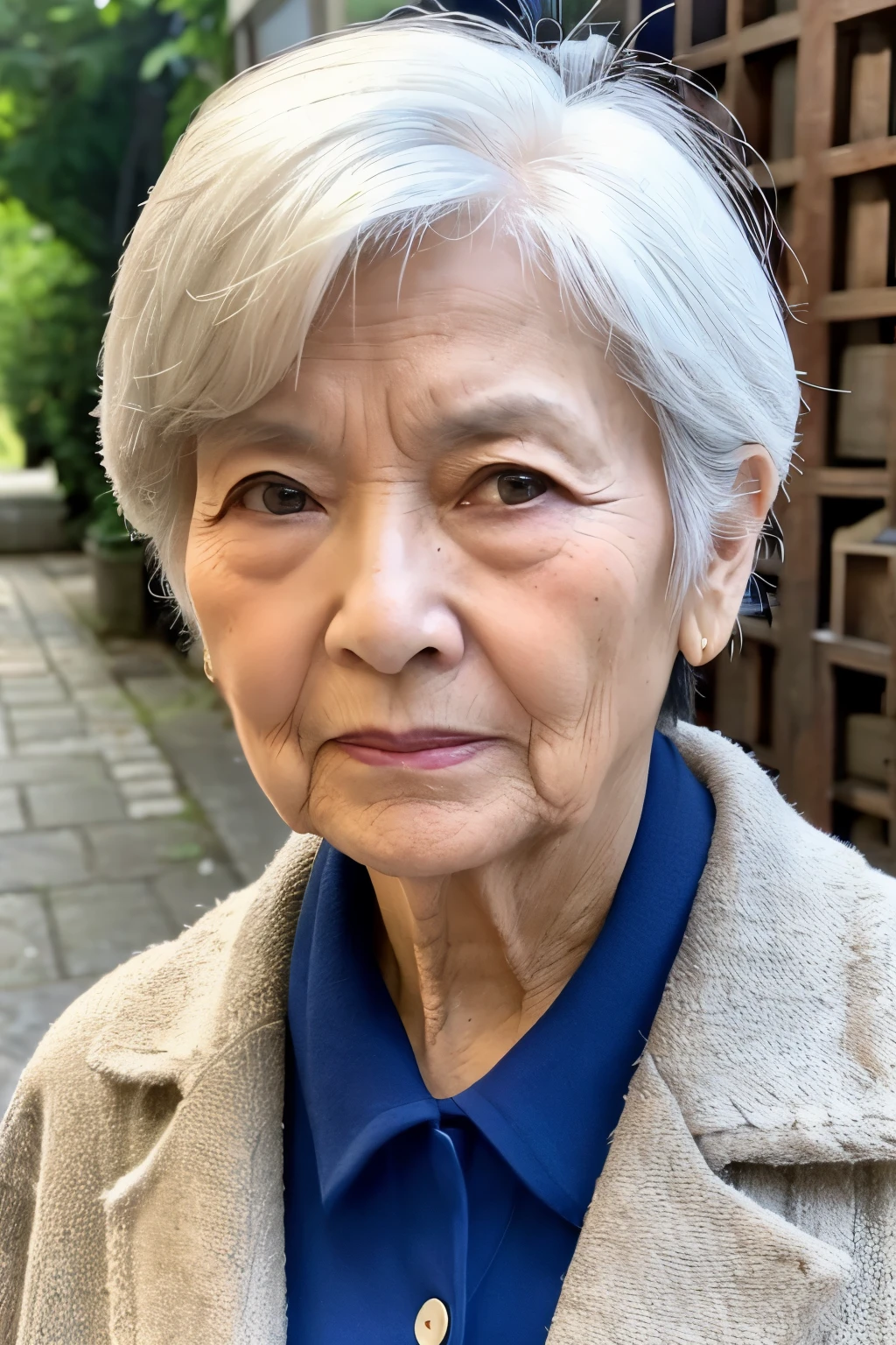 Asian、80 years old、grandmother、Full of wrinkles、worried look、smooth white hair、shortcut、from the chest up 、common clothes、