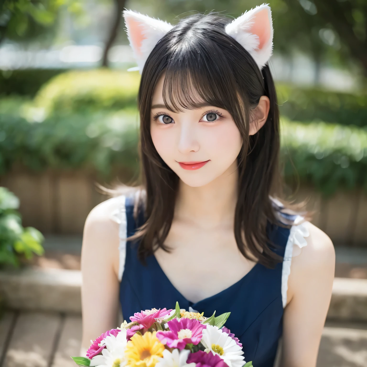 on the table, best quality, illustration, Super detailed, fine details, high resolution, 8k wallpaper, Perfect dynamic composition, Beautiful and delicate eyes,whole body摄影,show your whole body、thin and transparent、long gray hair, Bold sexy pose,Smile,Harajuku、20 year old girl、Eyeliner、beautiful bangs、hair between eyes、((masterpiece、top quality、Super detailed、movie light、intricate details、high resolution、Very detailed))、background for this、8 kood、digital SLR、soft light、high quality、film grain、富士XT3 、shallow view deep、natural soft light、Kamimei、See the knees, Look at the sexy shots of the lens、Above the legs、whole body、Holding a bouquet of flowers、side view、cat ear clothing、cat ear clothing、cat ear clothing、cat mustache makeup、cat mustache makeup、cat mustache makeup