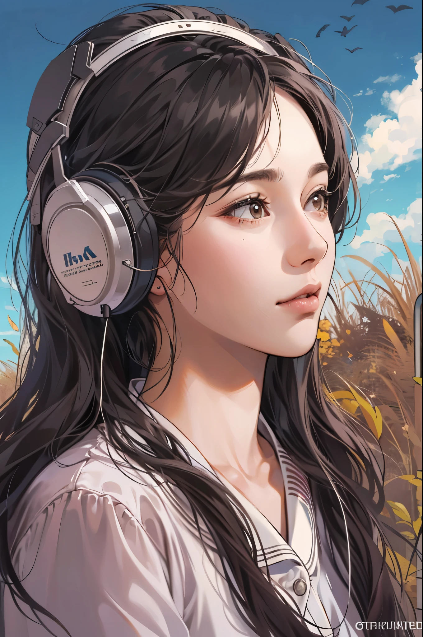 (absurdres, highres, ultra detailed, realistic, ), 1 18year-old,girl, solo, elegance, long black hair, brown eyes, earphone,blue sky and grass background, ultra - detailed, best quality, Detailed diagram, vectorized, 8K, Graphic design, vector lines, Full-HD,upper body