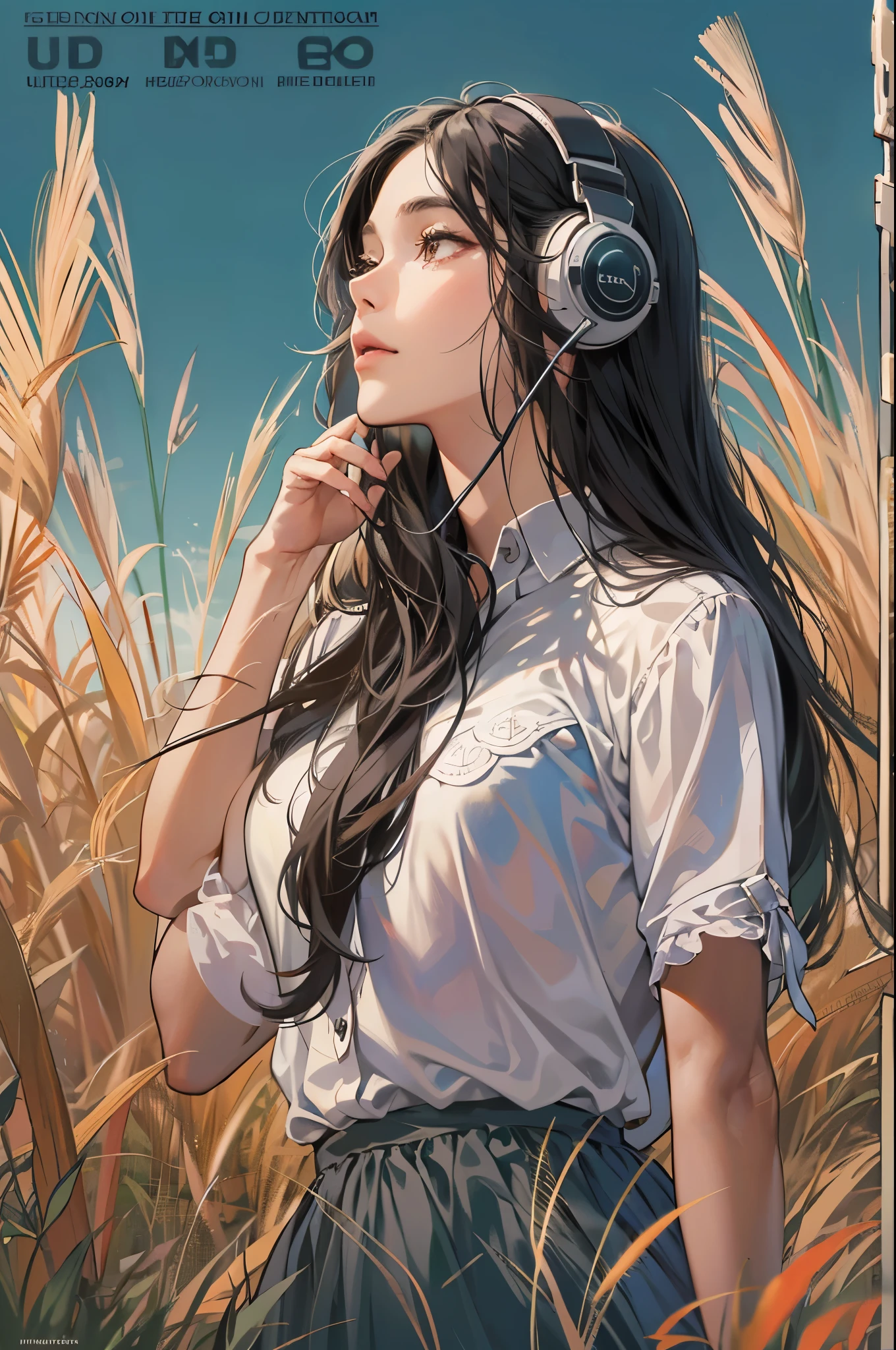 (absurdres, highres, ultra detailed, realistic, ), 1 18year-old,girl, solo, elegance, long black hair, brown eyes, earphone,blue sky and grass background, ultra - detailed, best quality, Detailed diagram, vectorized, 8K, Graphic design, vector lines, Full-HD,upper body