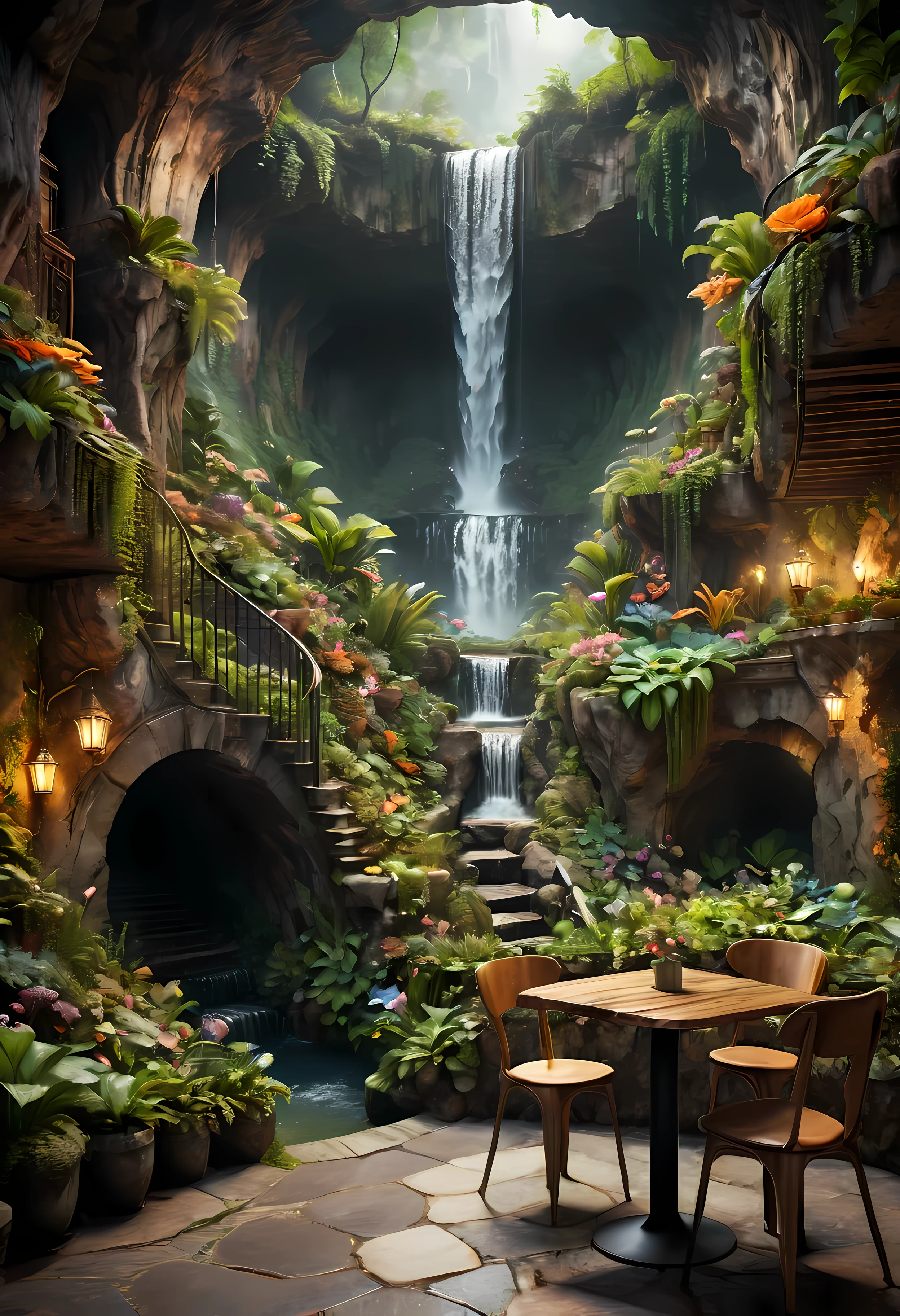 (Masterpiece in maximum 16K resolution), the best quality, (very detailed CG unity 16k wallpaper quality),(Soft colors 16k highly detailed digital art),Super Detailed. | Perfect image,16k UE5,editorial photograph, superfine, Depth of field, no contrast, clean sharp focus, professional, No blurring. | Dark underground,dark cavern, dark scene. | The corner table and chair area on the cafe garden terrace overlooks the vast underground garden, beautiful underground waterfall, amazing wallpapers, beautiful surroundings, optimistic matte painting, Beautiful digital artwork, cozy cafe background, Beautiful and detailed scenes, UHD underground, UHD landscape,Relaxing concept art, beautiful underground garden. | (((More detail))).