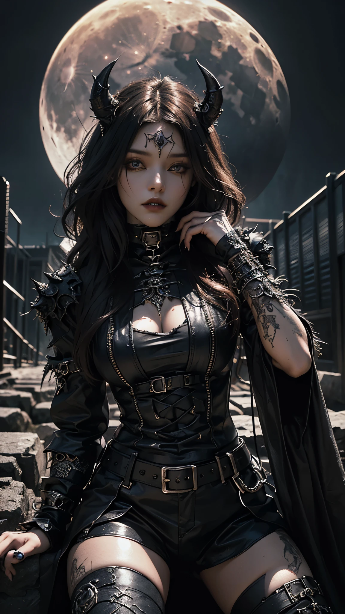 8K, ultra HD, very detailed, masterpiece, 1 girl, good face, dark eyes, dark lips, medium beasts, (detailed metal outfit:1.5), (black devil outfit), darkness, moon background, scary scenery, sitting, 