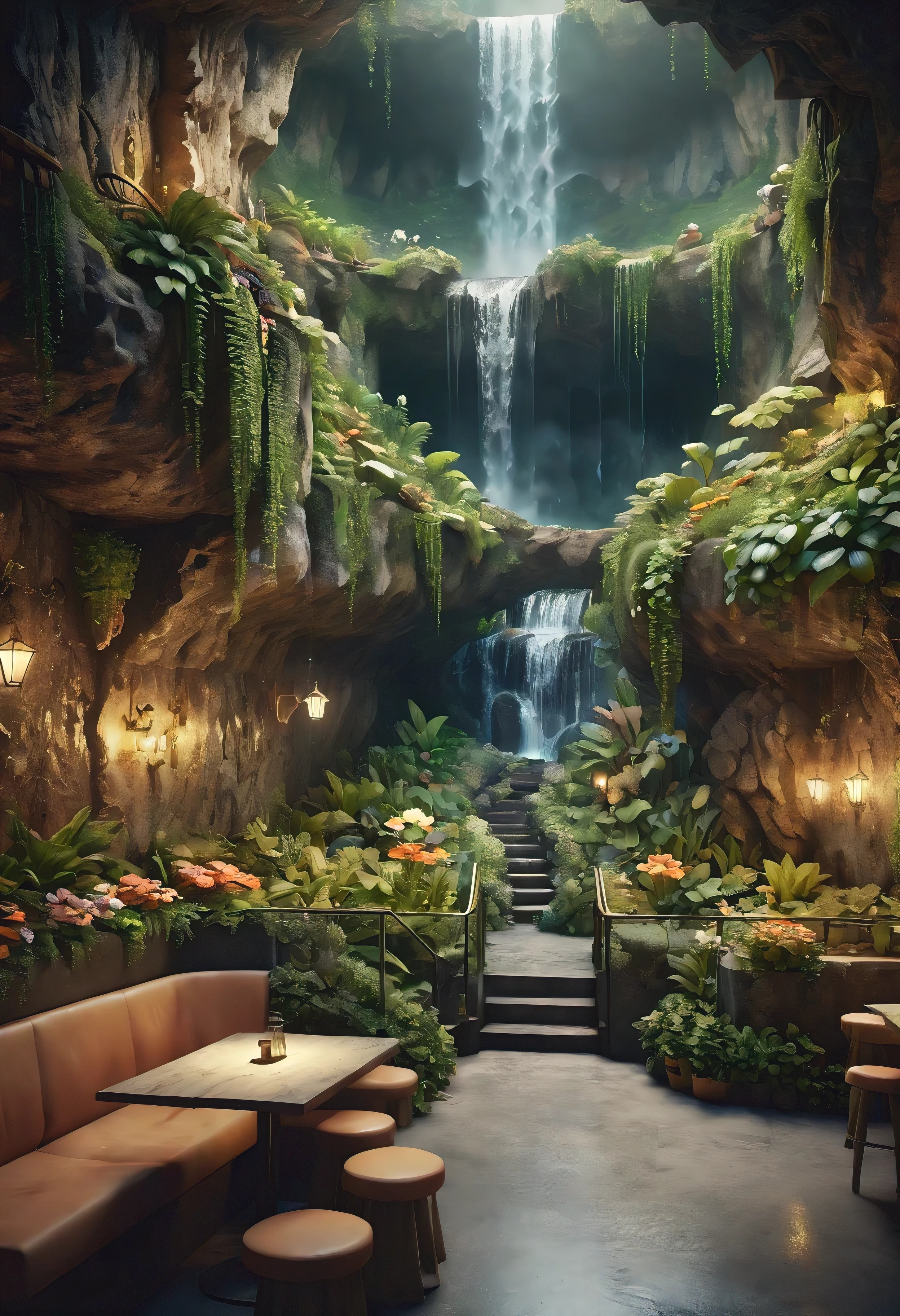 (Masterpiece in maximum 16K resolution), the best quality, (very detailed CG unity 16k wallpaper quality),(Soft colors 16k highly detailed digital art),Super Detailed. | Perfect image,16k UE5,editorial photograph, superfine, Depth of field, no contrast, clean sharp focus, professional, No blurring. | Dark underground,dark cavern, dark scene. | The corner table and chair area on the cafe garden terrace overlooks the vast underground garden, beautiful underground waterfall, amazing wallpapers, beautiful surroundings, optimistic matte painting, Beautiful digital artwork, cozy cafe background, Beautiful and detailed scenes, UHD underground, UHD landscape,Relaxing concept art, beautiful underground garden. | (((More detail))).
