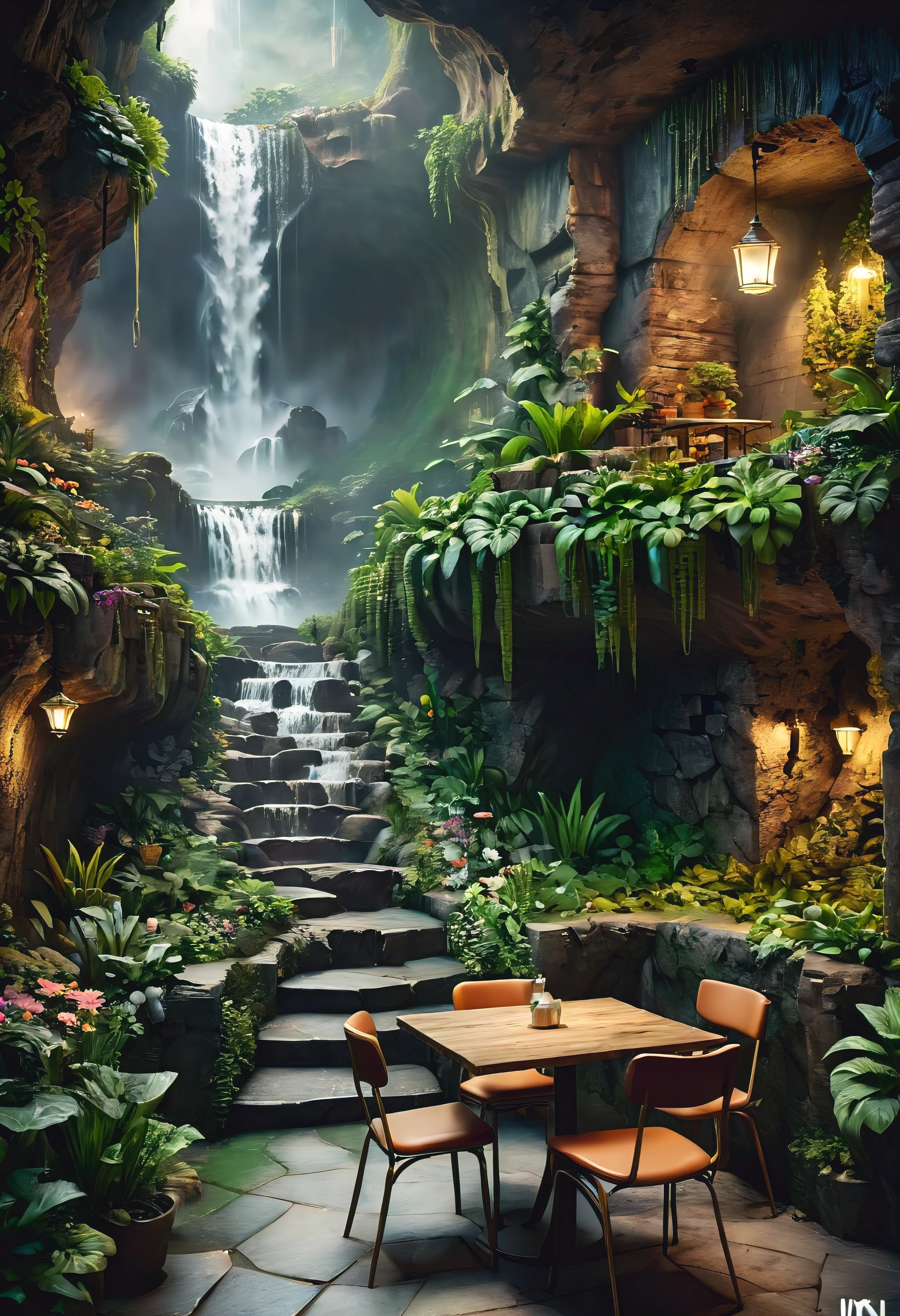 (Masterpiece in maximum 16K resolution), the best quality, (very detailed CG unity 16k wallpaper quality),(Soft colors 16k highly detailed digital art),Super Detailed. | Perfect image,16k UE5,editorial photograph, superfine, Depth of field, no contrast, clean sharp focus, professional, No blurring. | Dark underground,dark cavern, dark scene. | The corner table and chair area on the cafe garden terrace overlooks the vast underground garden, beautiful underground waterfall, amazing wallpapers, beautiful surroundings, optimistic matte painting, Beautiful digital artwork, cozy cafe background, Beautiful and detailed scenes, UHD underground, UHD landscape,Relaxing concept art, beautiful underground garden. | (((More detail))).
