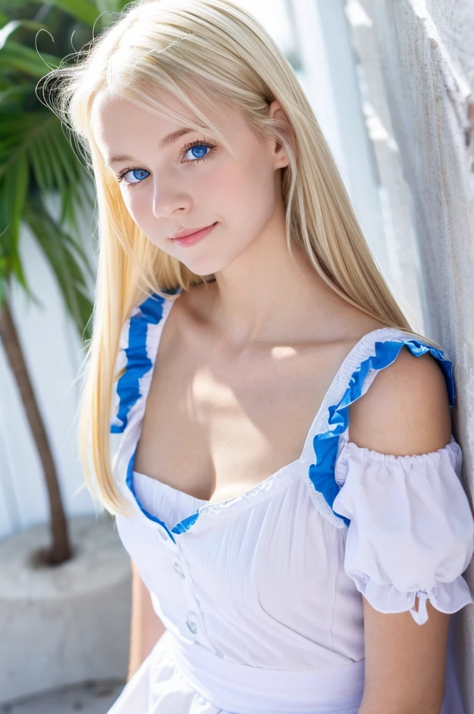 (Cute innocent white 12 year old), long messy blonde hair, blue eyes, (wearing revealing transparent colorful sundress), (round firm breasts), (pink nipples), no panties, (exposed shaved pussy:1.2), posing during sunday mass, church, smiling, happy, sunny day,