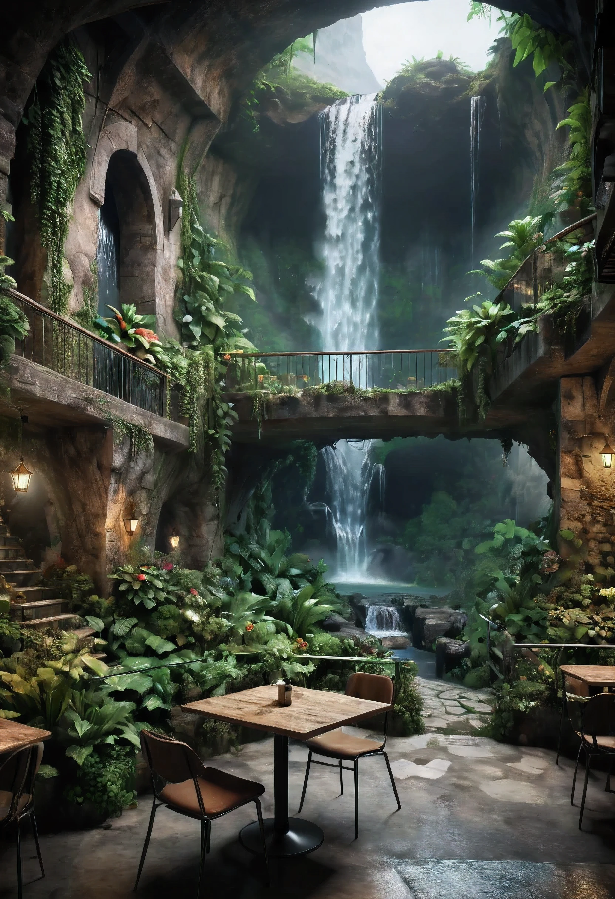 (Masterpiece in maximum 16K resolution), the best quality, (very detailed CG unity 16k wallpaper quality),(Soft colors 16k highly detailed digital art),Super Detailed. | Perfect image,16k UE5,editorial photograph, superfine, Depth of field, no contrast, clean sharp focus, professional, No blurring. | Dark underground,dark cavern, dark scene. | The corner table and chair area on the cafe garden terrace overlooks the vast underground garden, beautiful underground waterfall, amazing wallpapers, beautiful surroundings, optimistic matte painting, Beautiful digital artwork, cozy cafe background, Beautiful and detailed scenes, UHD underground, UHD landscape,Relaxing concept art, beautiful underground garden. | (((More detail))).