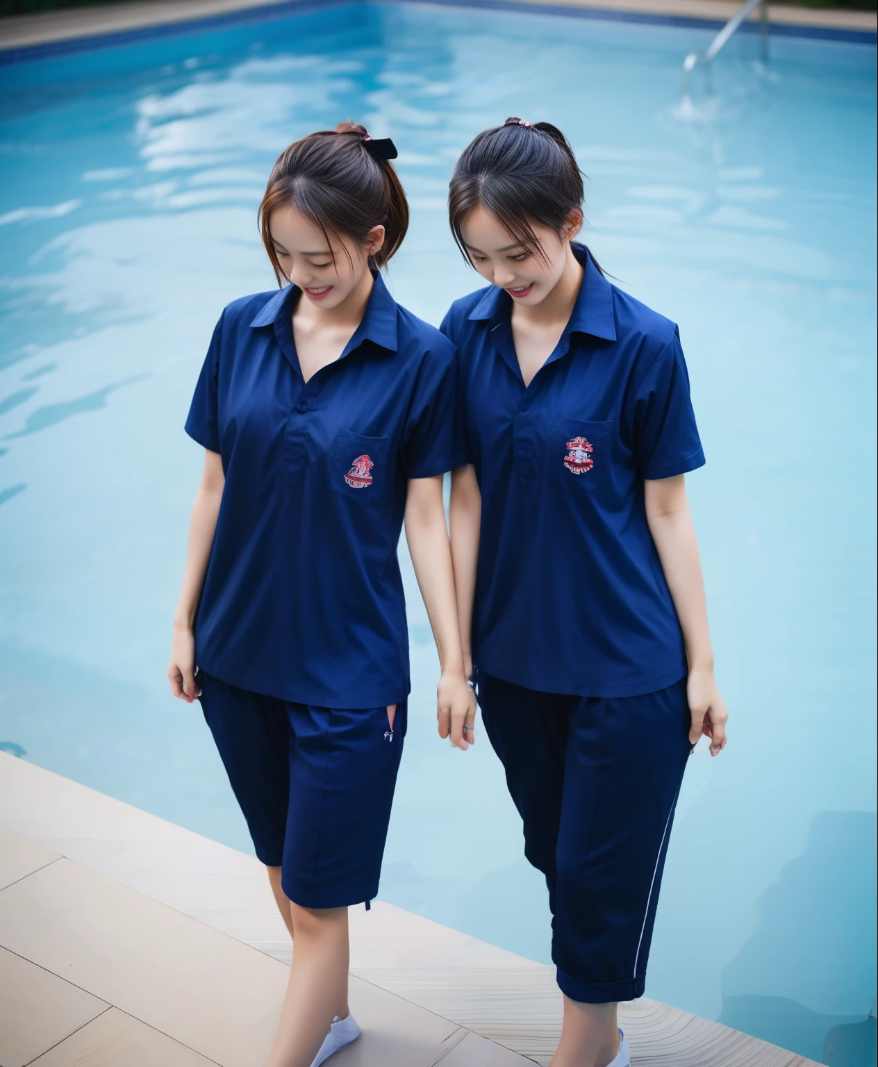 2 girls in the swimming pool, Navy blue short-sleeved shirt,Navy Long Trackpant,Sweatpants, Sweatpantsขายาว,25 year old girl, lesbian, sexy, exercise clothes, wet body