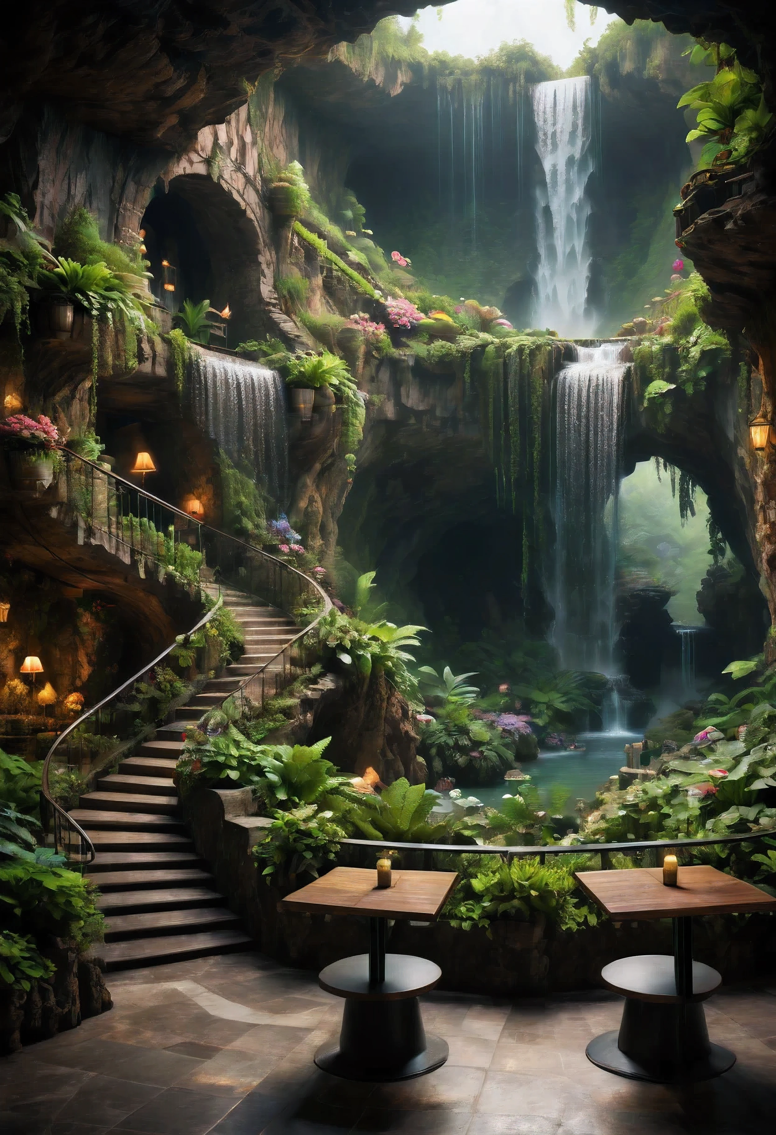 (Masterpiece in maximum 16K resolution), the best quality, (very detailed CG unity 16k wallpaper quality),(Soft colors 16k highly detailed digital art),Super Detailed. | Perfect image,16k UE5,editorial photograph, superfine, Depth of field, no contrast, clean sharp focus, professional, No blurring. | Dark underground,dark cavern, dark scene. | The corner table and chair area on the cafe garden terrace overlooks the vast underground garden, beautiful underground waterfall, amazing wallpapers, beautiful surroundings, optimistic matte painting, Beautiful digital artwork, cozy cafe background, Beautiful and detailed scenes, UHD underground, UHD landscape,Relaxing concept art, beautiful underground garden. | (((More detail))).