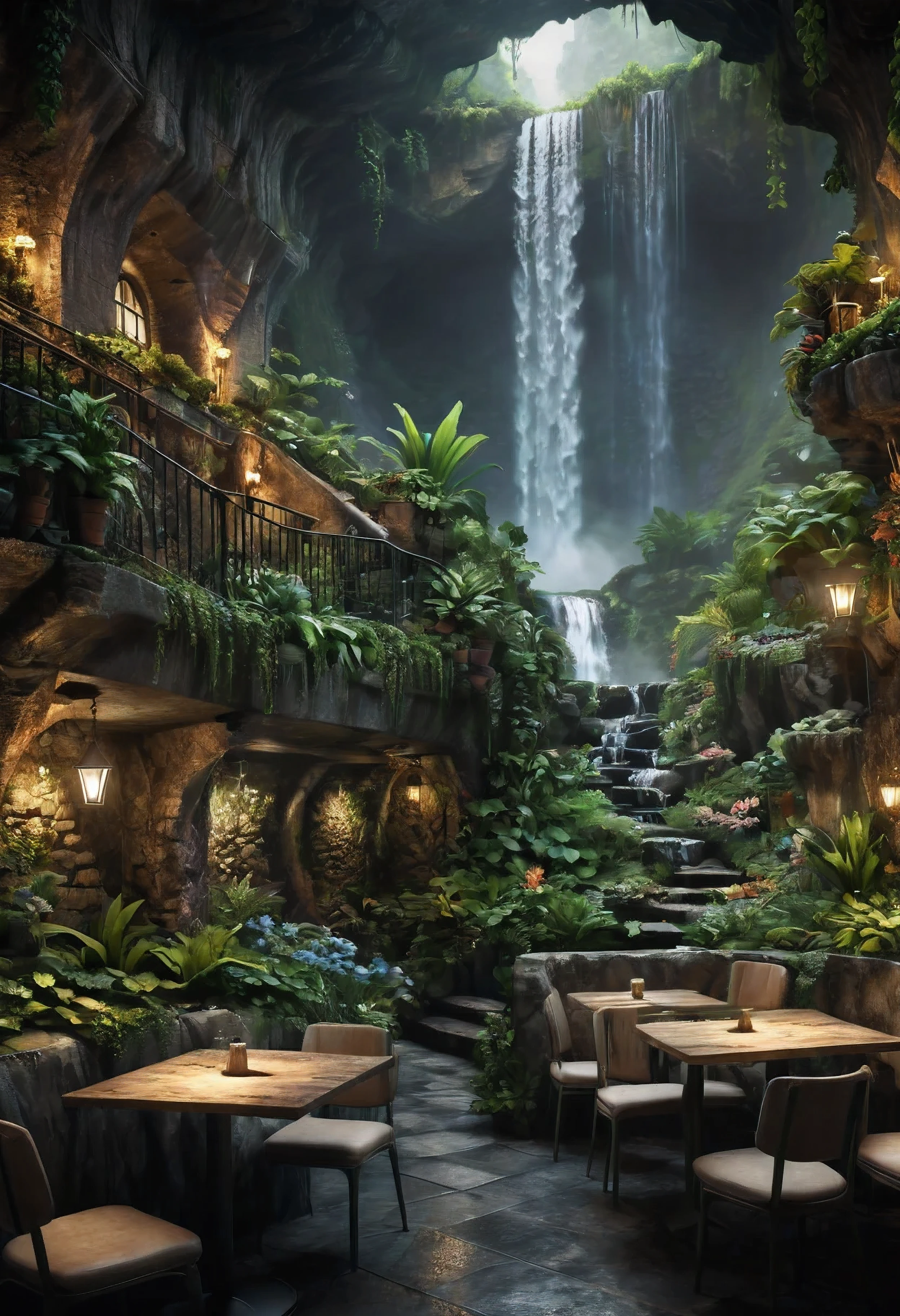 (Masterpiece in maximum 16K resolution), the best quality, (very detailed CG unity 16k wallpaper quality),(Soft colors 16k highly detailed digital art),Super Detailed. | Perfect image,16k UE5,editorial photograph, superfine, Depth of field, no contrast, clean sharp focus, professional, No blurring. | Dark underground,dark cavern, dark scene. | The corner table and chair area on the cafe garden terrace overlooks the vast underground garden, beautiful underground waterfall, amazing wallpapers, beautiful surroundings, optimistic matte painting, Beautiful digital artwork, cozy cafe background, Beautiful and detailed scenes, UHD underground, UHD landscape,Relaxing concept art, beautiful underground garden. | (((More detail))).