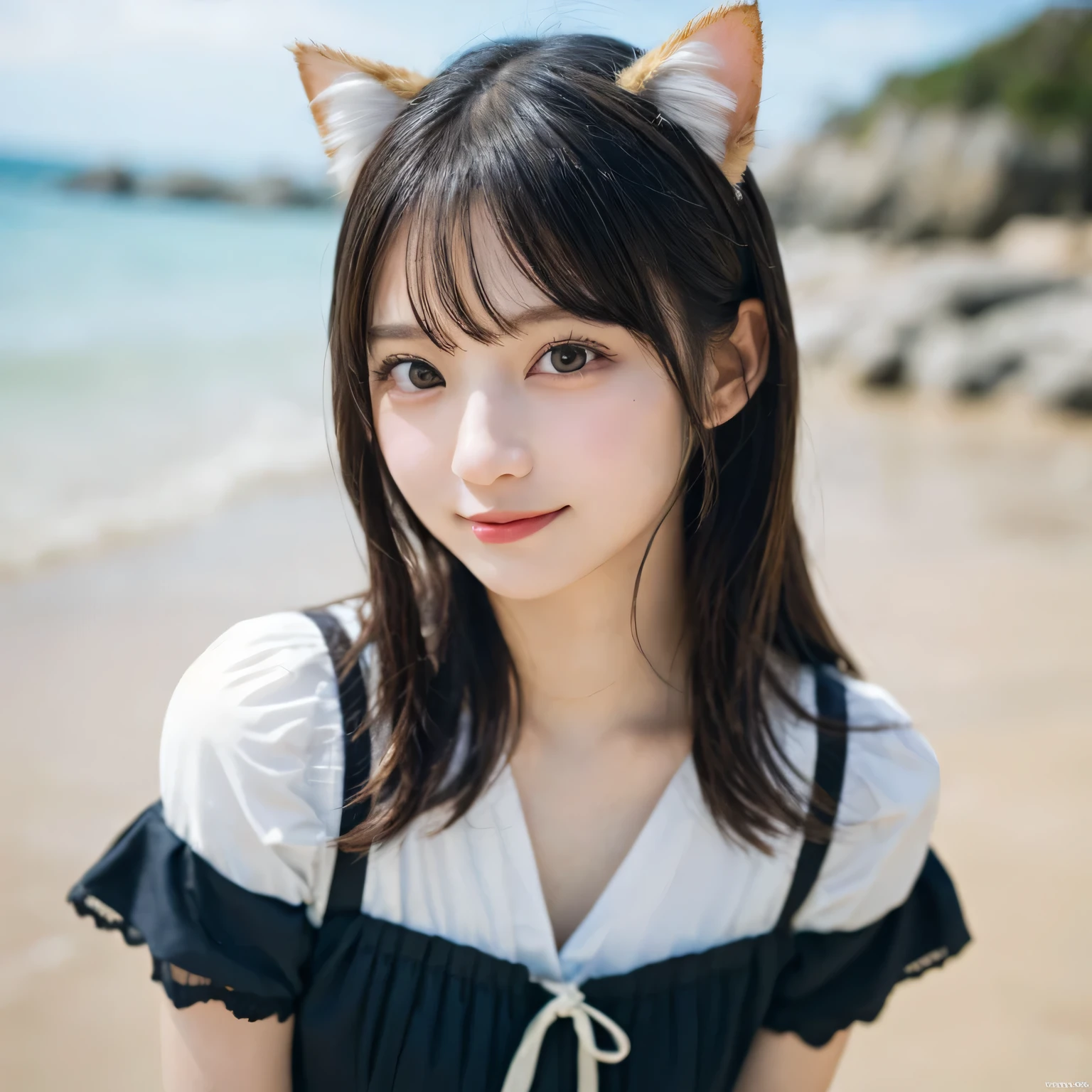on the table, best quality, illustration, Super detailed, fine details, high resolution, 8k wallpaper, Perfect dynamic composition, Beautiful and delicate eyes,whole body摄影,show your whole body、thin and transparent、long gray hair, Bold sexy pose,Smile,Harajuku、20 year old girl、Eyeliner、beautiful bangs、hair between eyes、((masterpiece、top quality、Super detailed、movie light、intricate details、high resolution、Very detailed))、background for this、8 kood、digital SLR、soft light、high quality、film grain、富士XT3 、shallow view deep、natural soft light、Kamimei、See the knees, Look at the sexy shots of the lens、Above the legs、whole body、standing at the beach、side view、cat ear clothing、cat ear clothing、cat ear clothing、Cat's beard、Cat's beard 、Cat's beard